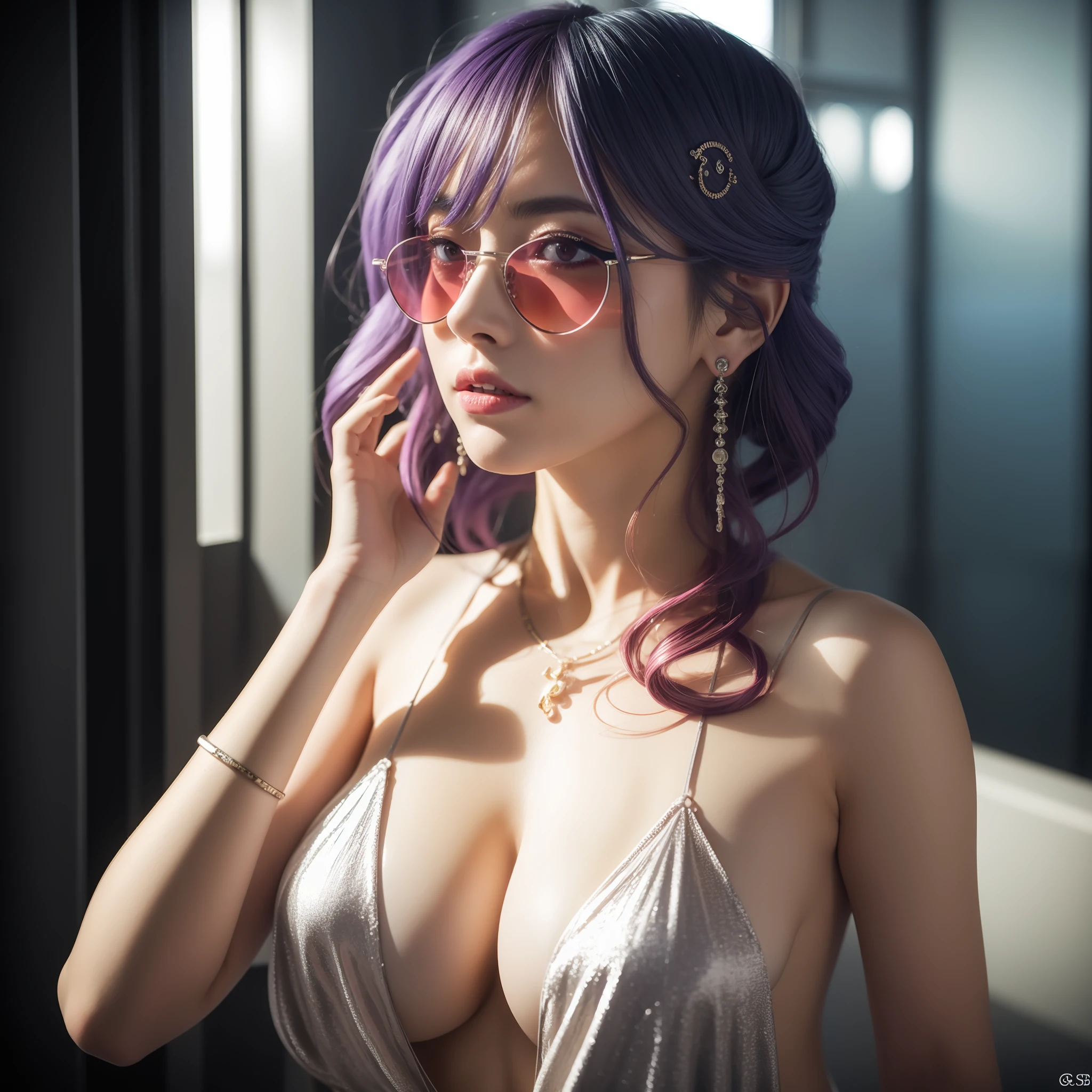 Woman with purple hair and pink sunglasses posing on bench, an oppai cyberpunk, at cyberpunk city, seductive anime girls, Guviz-style artwork, female cyberpunk anime girl, cyberpunk anime girl, digitl cyberpunk - anime art, Anime girl cosplay, trending on cgstation, hyper realistic anime, Anime girl in real life, Ross Trunk 8K，huge tit，blush，Japan goddess，