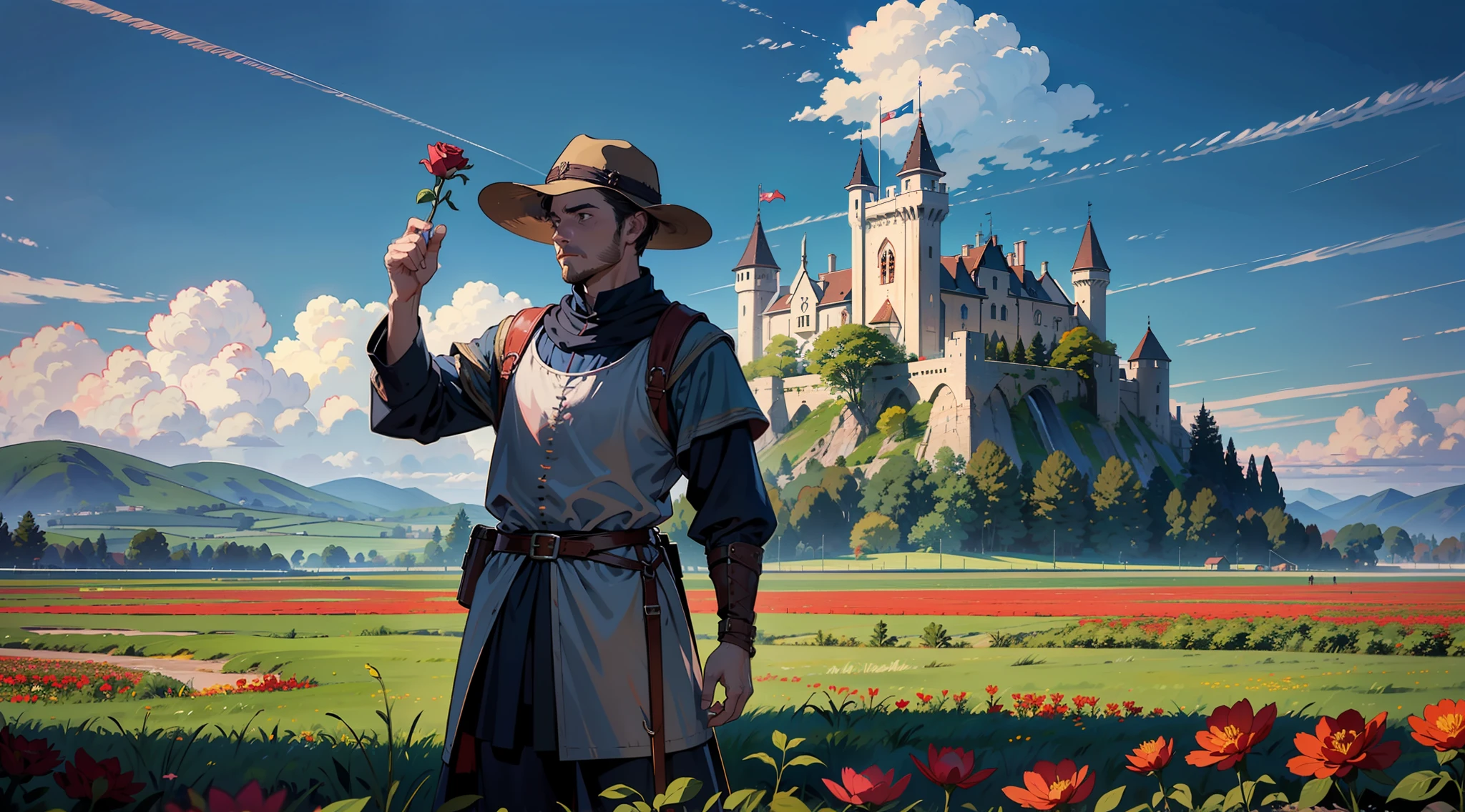 1man, solo, Um soldado medieval, no meio de um campo de rosas vermelhas, usando capacete medieval, pequenas montanhas ao longe, sky clear,(((usando capacete medieval))), anatomia masculina,