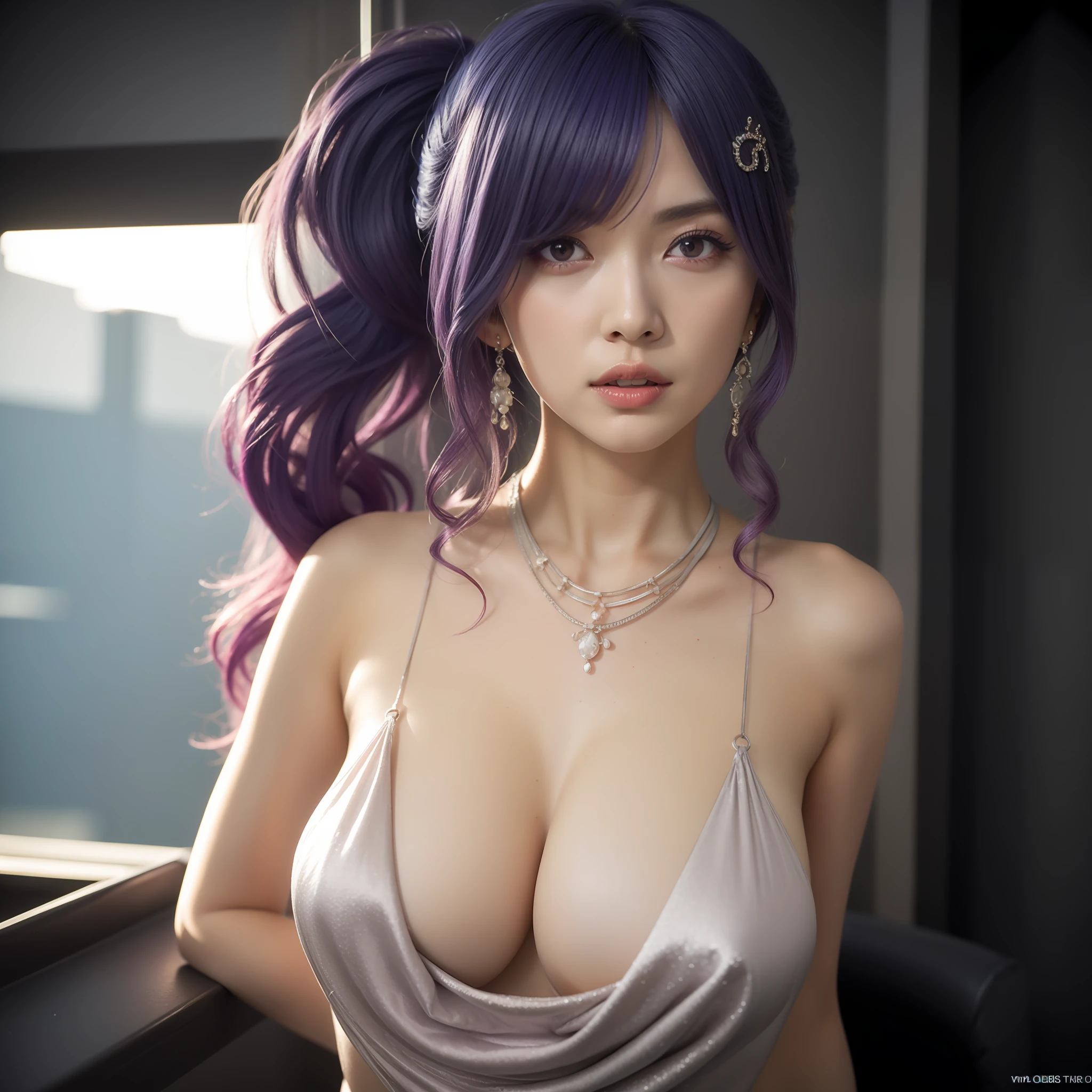 Woman with purple hair and pink sunglasses posing on bench, an oppai cyberpunk, at cyberpunk city, seductive anime girls, Guviz-style artwork, female cyberpunk anime girl, cyberpunk anime girl, digitl cyberpunk - anime art, Anime girl cosplay, trending on cgstation, hyper realistic anime, Anime girl in real life, Ross Trunk 8K，huge tit，blush，Japan goddess，