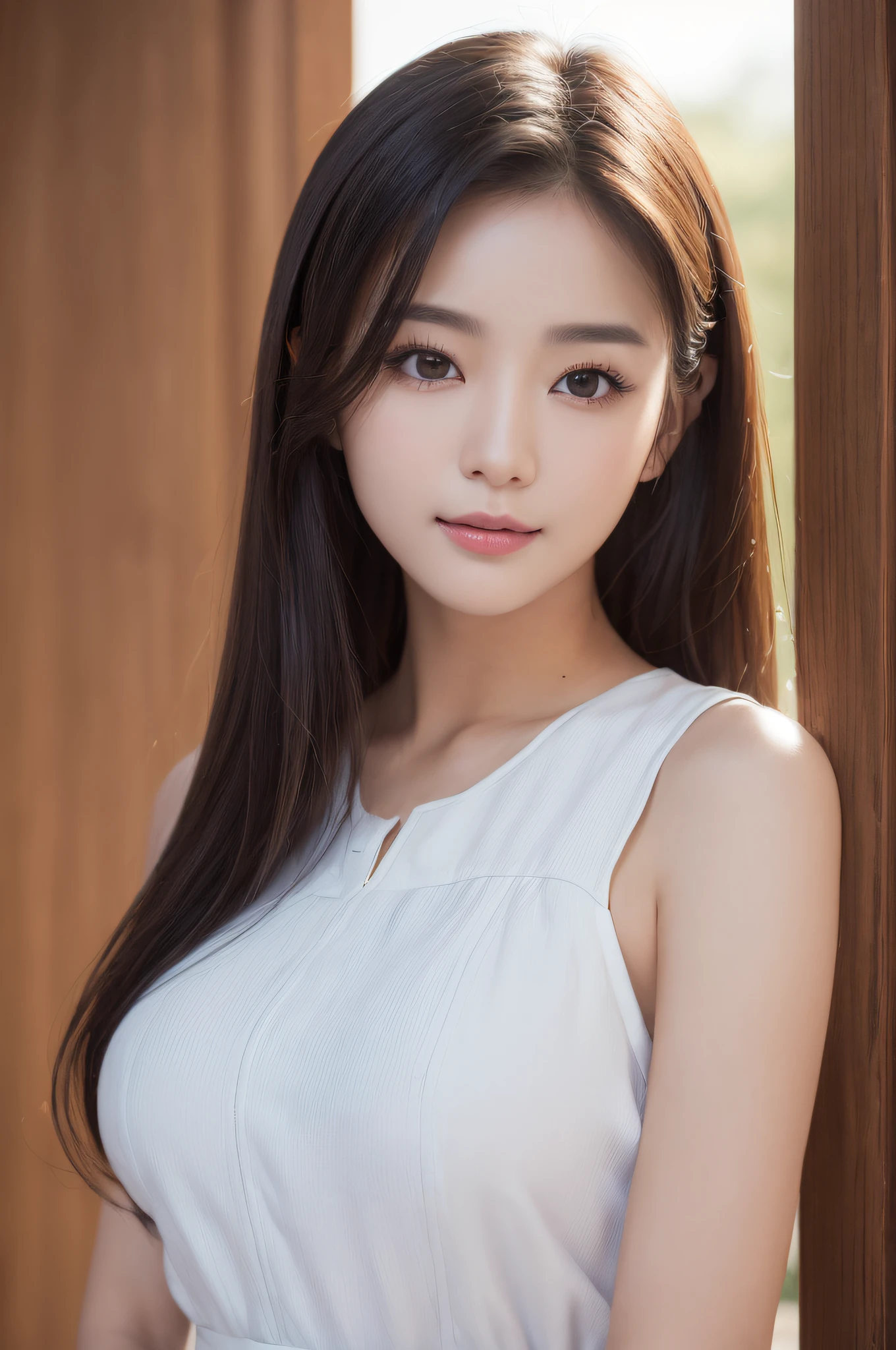 ((best qualtiy、8k masterpieces:1.3))、foco nítido:1.2、(ultra beautiful faces:1.0)、(shinny skin:1.0)、photos realistic、A dark-haired、Video Lighting、High-definition eyes and face、Video Lighting、(cowboy shot:1.3)、(Korean Cute Actress)、from the front side、medium large breasts、ssmile、Sleeveless、Wearing a white blouse