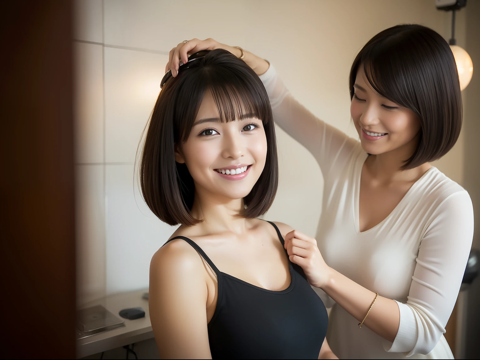 Japan Beauty Salon, femele, Hair being cut, Your hair is dried with a hair dryer, The background is close to white, light smile, depth of field, Canon, UHD