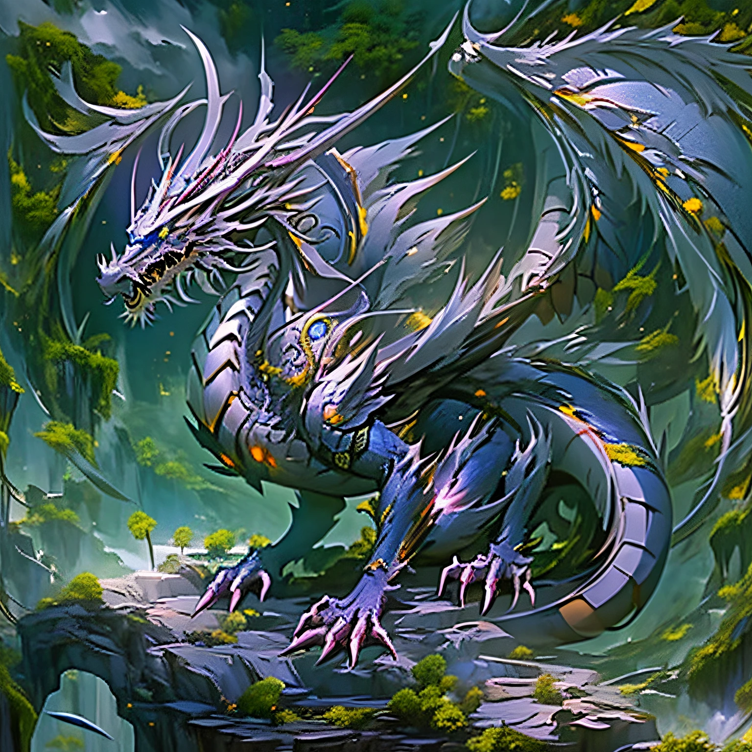 The silver dragon with black secondary color is a majestic sight of beauty and power. Its body is covered by shiny silver scales, que refletem a luz como estrelas cintilantes em uma noite escura. These scales are as hard as steel and provide impenetrable protection against adversarial attacks.
The secondary color black blends perfectly with the silver, criando um contraste elegante e misterioso. Black is present in striking details, como as pontas de suas asas, garras afiadas e a ponta de sua cauda, which has a dark aspect that adds an air of mystery to its presence.
The dragon's eyes are a bright shade of silver, refletindo a sabedoria ancestral que habita em seu ser. His gaze is piercing and intelligent, able to understand far beyond what it seems. It is as if the eyes of the dragon can see the souls of those who approach, Knowing Your Deepest Intentions.
Its silver wings are splendid and imposing, able to carry you through the heavens with unparalleled grace. Quando ele bate suas asas, The sound of air being cut off resonates like distant thunder, ecoando sua majestade em todo o reino.
The silver dragon with black secondary color possesses a wise and quiet temperament, But his presence is imposing enough to inspire respect and awe. He is a guardian of ancient traditions and knowledge, A symbol of balance between light and shadow.
Em seus momentos mais tranquilos, The silver dragon rests in its lair, surrounded by treasures and relics from ages past. His flight through the skies is a graceful and powerful dance, a vision that the fortunate can witness, mas que poucos ousariam desafiar.
This dragon is a creature of magic and mystery, representing the balance of contrasting forces and the harmony that can be found within this duality. His presence is a gift to the fantasy world, eternally shrouded in riddles and wonders beyond human comprehension.