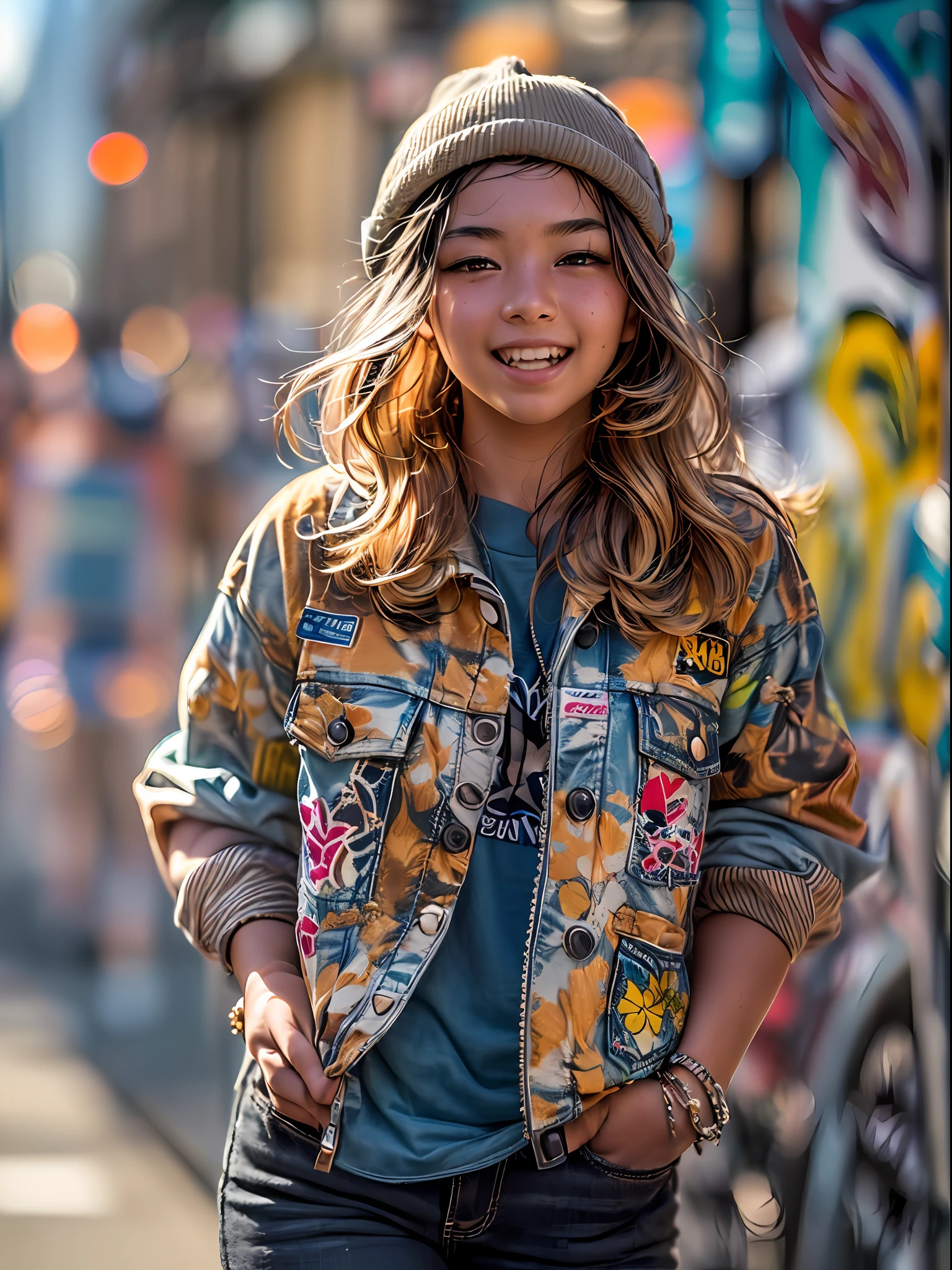 (masterpiece, high resolution, photo-realistic:1.4), (capturing a street snap of a cheerful Canadian age girl walking the streets of Vancouver:1.3), (she exudes a vibrant and carefree aura:1.2), (dressed in trendy streetwear, sporting a Converse sneaker:1.2), (her outfit reflecting her individual style and personality:1.2), (a sunny day in Vancouver, with warm rays of sunlight illuminating the scene:1.2), (Canon EOS R6 mirrorless camera:1.2), (paired with a Canon RF 50mm f/1.2L USM lens:1.2), (capturing her joyful expression and every detail of her outfit:1.2), (the backdrop featuring the vibrant streets of Vancouver:1.2), (colorful murals and graffiti adding to the urban charm:1.2), (the bustling atmosphere capturing the essence of the city's liveliness:1.1), (a delightful snapshot of a happy teen enjoying a sunny day in the heart of Vancouver:1.2).