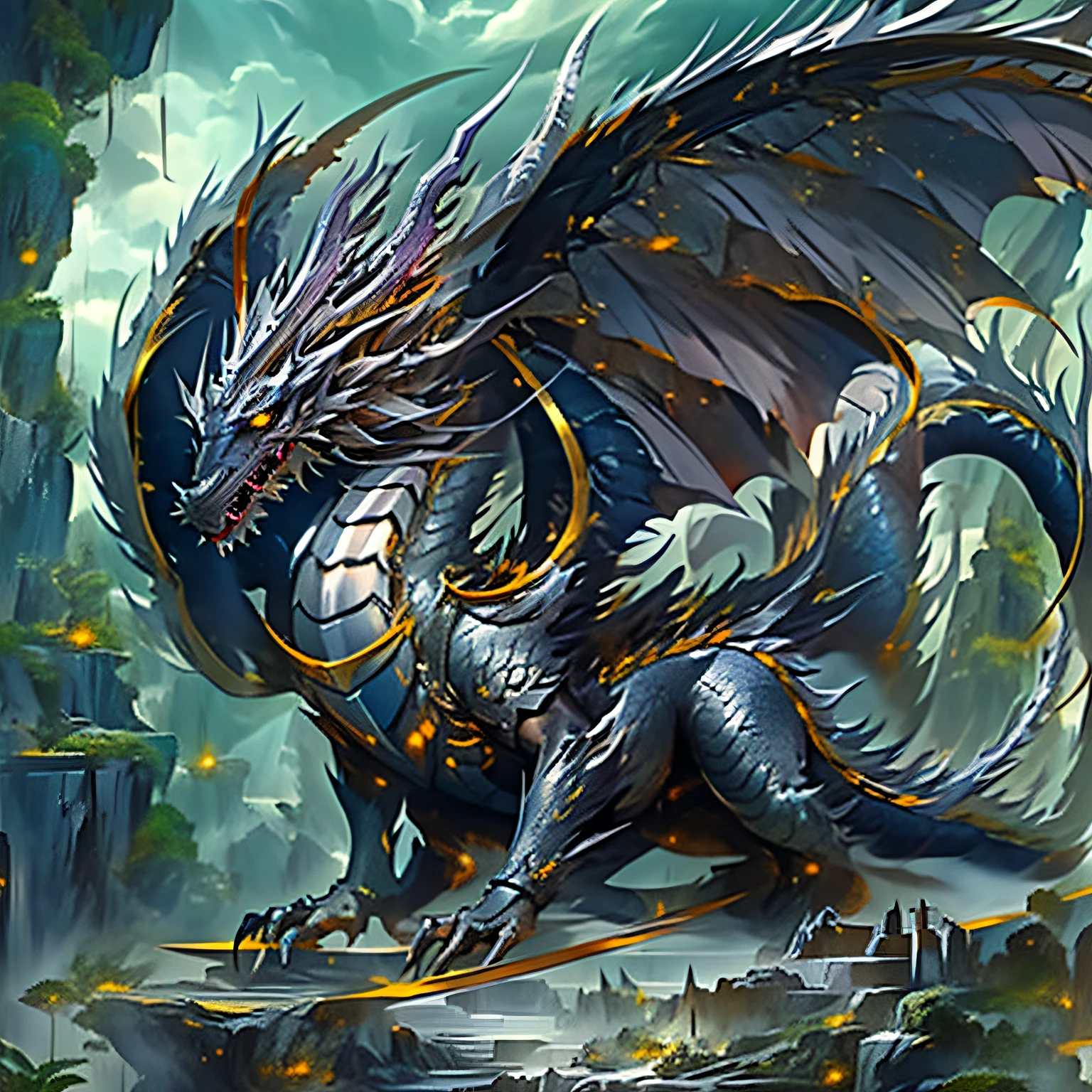 The silver dragon with black secondary color is a majestic sight of beauty and power. Its body is covered by shiny silver scales, que refletem a luz como estrelas cintilantes em uma noite escura. These scales are as hard as steel and provide impenetrable protection against adversarial attacks.

The secondary color black blends perfectly with the silver, criando um contraste elegante e misterioso. Black is present in striking details, como as pontas de suas asas, garras afiadas e a ponta de sua cauda, which has a dark aspect that adds an air of mystery to its presence.

The dragon's eyes are a bright shade of silver, refletindo a sabedoria ancestral que habita em seu ser. His gaze is piercing and intelligent, able to understand far beyond what it seems. It is as if the eyes of the dragon can see the souls of those who approach, Knowing Your Deepest Intentions.

Its silver wings are splendid and imposing, able to carry you through the heavens with unparalleled grace. Quando ele bate suas asas, The sound of air being cut off resonates like distant thunder, ecoando sua majestade em todo o reino.

The silver dragon with black secondary color possesses a wise and quiet temperament, But his presence is imposing enough to inspire respect and awe. He is a guardian of ancient traditions and knowledge, A symbol of balance between light and shadow.

Em seus momentos mais tranquilos, The silver dragon rests in its lair, surrounded by treasures and relics from ages past. His flight through the skies is a graceful and powerful dance, a vision that the fortunate can witness, mas que poucos ousariam desafiar.

This dragon is a creature of magic and mystery, representing the balance of contrasting forces and the harmony that can be found within this duality. His presence is a gift to the fantasy world, eternally shrouded in riddles and wonders beyond human comprehension.