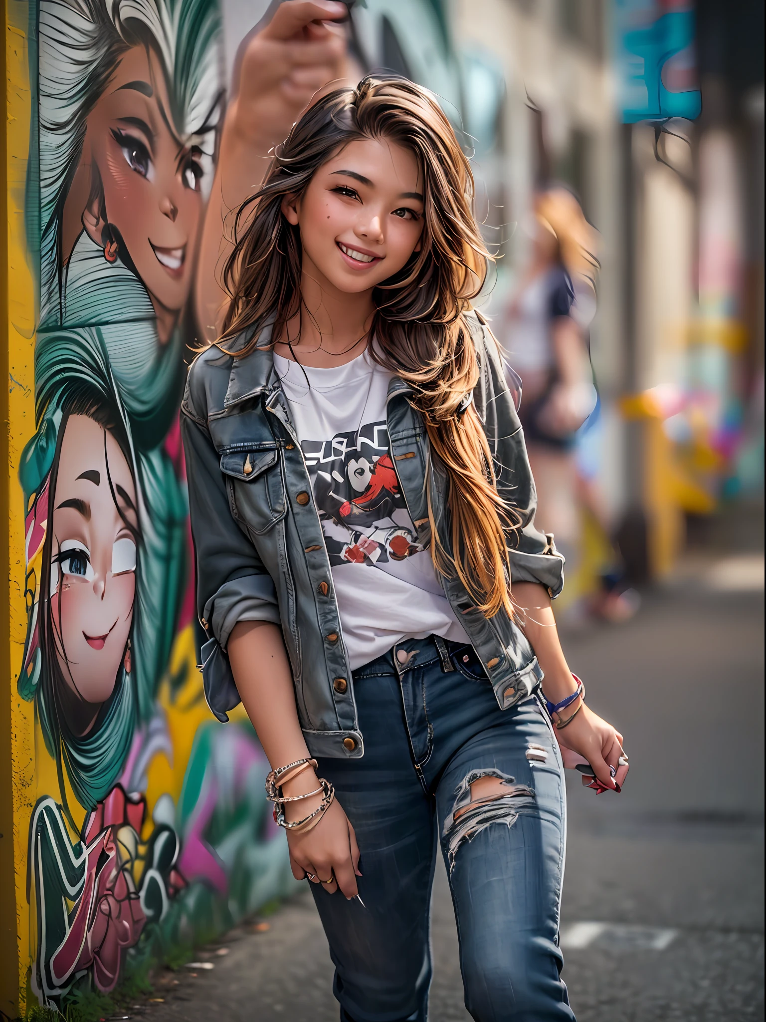 (masterpiece, high resolution, photo-realistic:1.4), (capturing a street snap of a cheerful Canadian teenage girl walking the streets of Vancouver:1.3), (she exudes a vibrant and carefree aura:1.2), (dressed in trendy streetwear, sporting a Converse sneaker:1.2), (her outfit reflecting her individual style and personality:1.2), (a sunny day in Vancouver, with warm rays of sunlight illuminating the scene:1.2), (Canon EOS R6 mirrorless camera:1.2), (paired with a Canon RF 50mm f/1.2L USM lens:1.2), (capturing her joyful expression and every detail of her outfit:1.2), (the backdrop featuring the vibrant streets of Vancouver:1.2), (colorful murals and graffiti adding to the urban charm:1.2), (the bustling atmosphere capturing the essence of the city's liveliness:1.1), (a delightful snapshot of a happy teenager enjoying a sunny day in the heart of Vancouver:1.2).