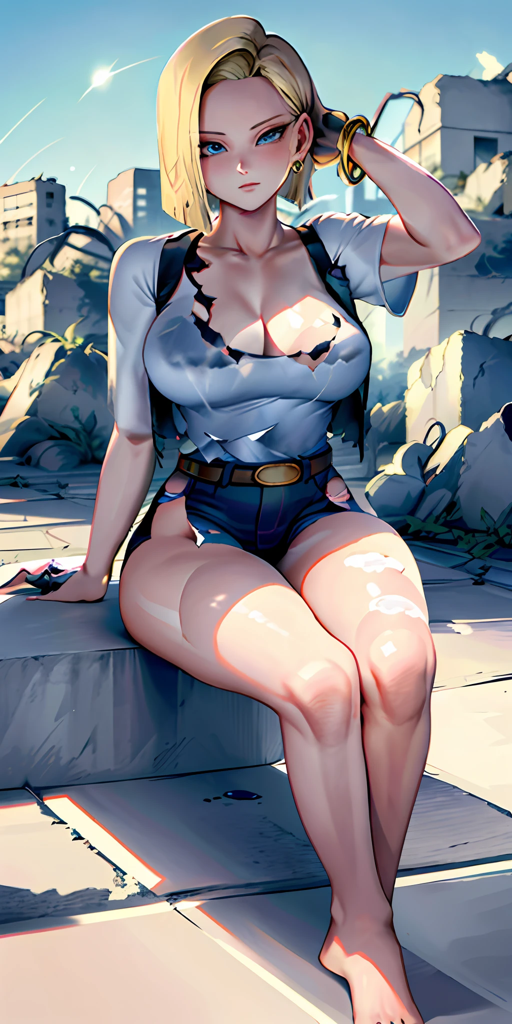 best quality, highres, and18, 1girl, android 18, solo, blonde hair, blue eyes, belt, jeans, pearl_necklace, bracelet, black gloves, white shirt, short hair, short sleeves, earrings, blue pants, open vest, black vest, large breasts, (ruins:1.3), (torn clothes:1.5), sitting, expressionless, crossed legs, 8K, (original: 1.2), (far shot), (realistic: 1.3), masterpiece, best quality, beautiful clean face, fullbody, 1girl, posing for a picture, long legs, huge breasts , showing feet,showing feet soles,legs_up,{feet_up}, lying,leg_lift, feet
