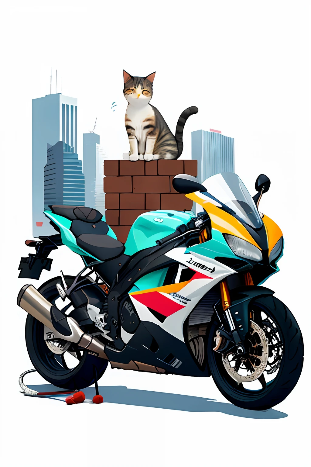 T-shirt graphic design art flat illustration of a cuddly cat on top of a motorcycle in the city of Paris colorful tones highly detailed cleaning vector image masterpiece photorelist professional photography smooth white background isometric vibrant vector mocap