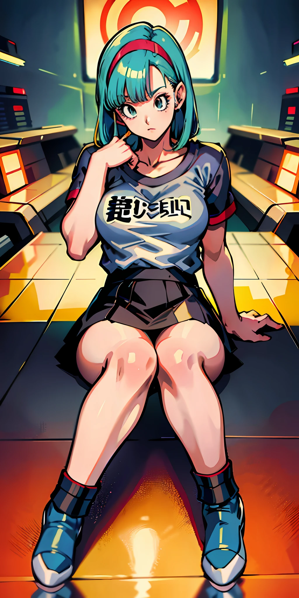 (anime style),masterpiece, best quality, highres, dragon ball, blmmid, aqua hair, medium hair, blunt bangs, red hair band, medium breasts, white shirt, black skirt, in a Cyberpunk city, bustling with neon signs, standing, upper body8K, (original: 1.2), (far shot), (realistic: 1.3), masterpiece, best quality, beautiful clean face, fullbody, 1girl, posing for a picture, long legs, huge breasts , showing feet,showing feet soles,legs_up,{feet_up}, lying,leg_lift, feet