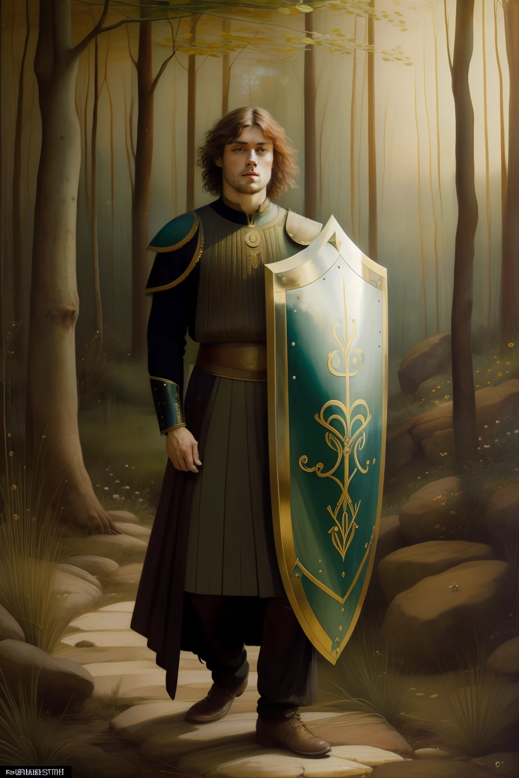 (((Pre-Raphaelite painting))), Estilo dourado, Celtic warrior holds a shield in his hands, floresta de ameireiros, corvo, roupa xadrez, paisagem celta, por do sol, Celtic pattern, celtic knotwork, cruz celta"