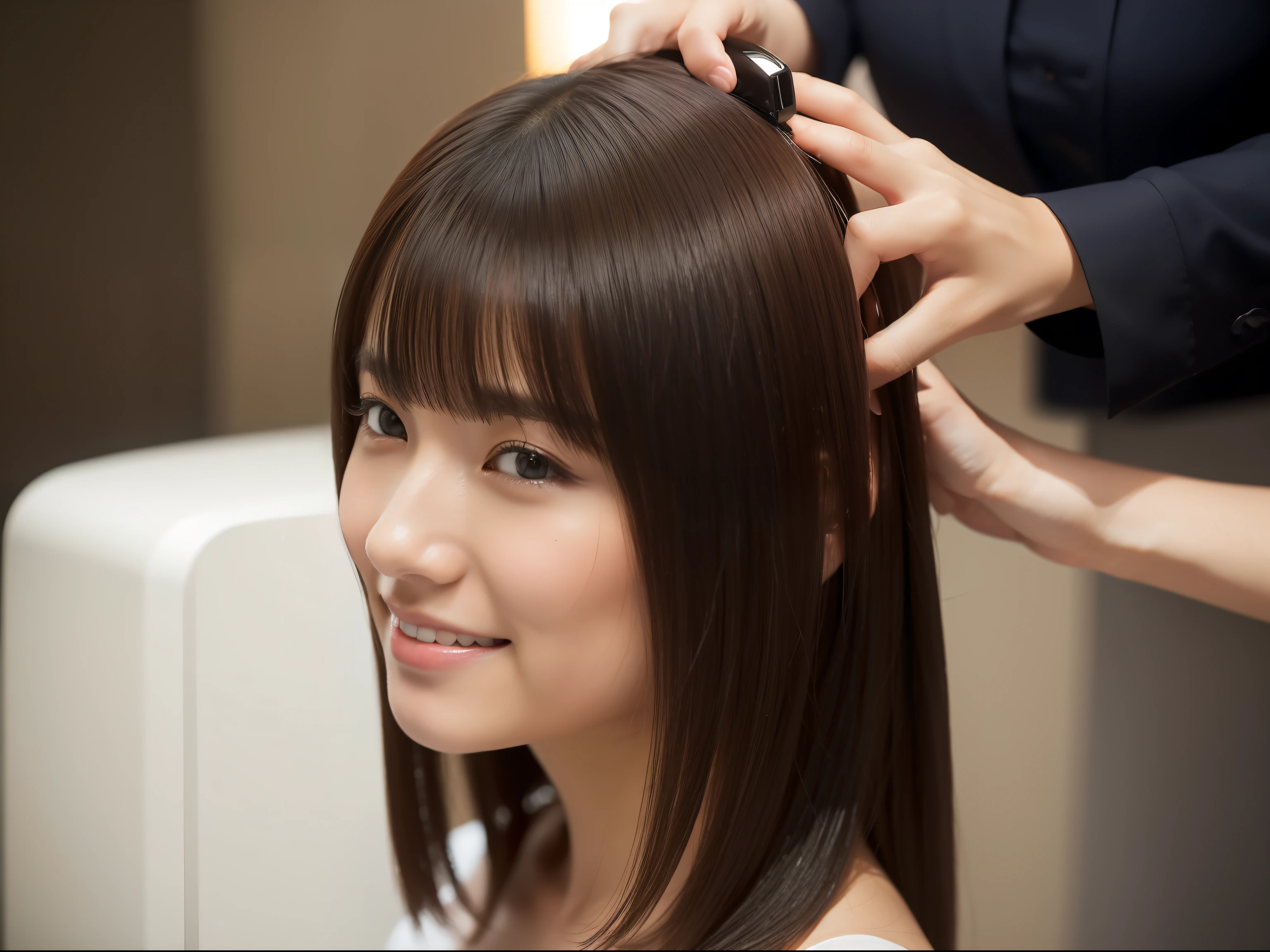 Japan Beauty Salon, femele, Hair being cut, Your hair is dried with a hair dryer, The background is close to white, light smile, depth of field, Canon, UHD
