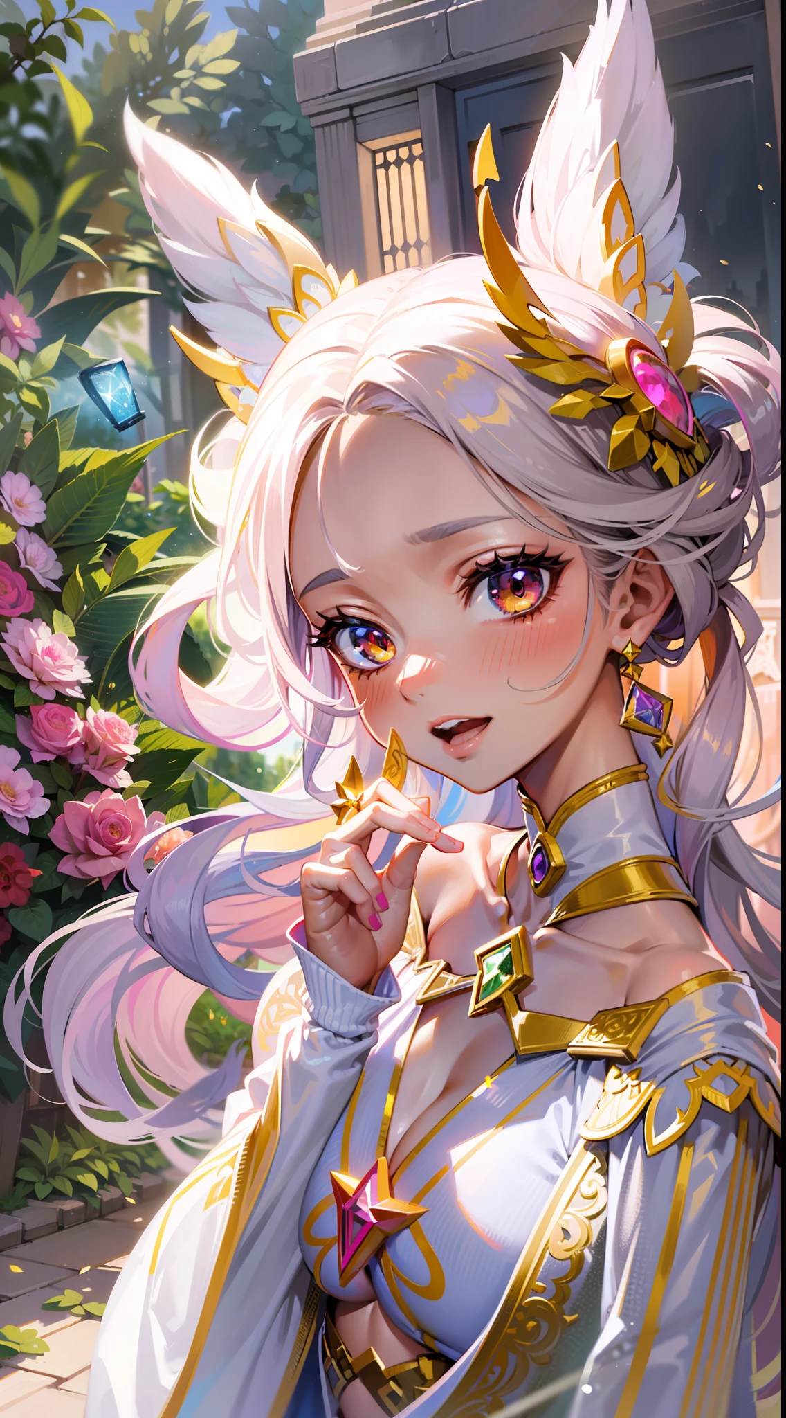((Masterpiece)), best quality, absurderes, ultra detailed, 8k, super complex details, intricate details, holographic, cowboy shot, golden ratio, super cute girl, neon aura, delicate and beautiful face, mature girl, idol girl, super beautiful asian girl with super beautiful glowing eyes, super beautiful glowing multicolored hair, super cute hairstyle, nice and sexy body, slim body, perfect body, wearing a super tight and super cute leotard, a super sexy divine armor and cute and celestial hair ornament, with a cute magical fantasy pet, in a beautiful garden with super beautiful flowers