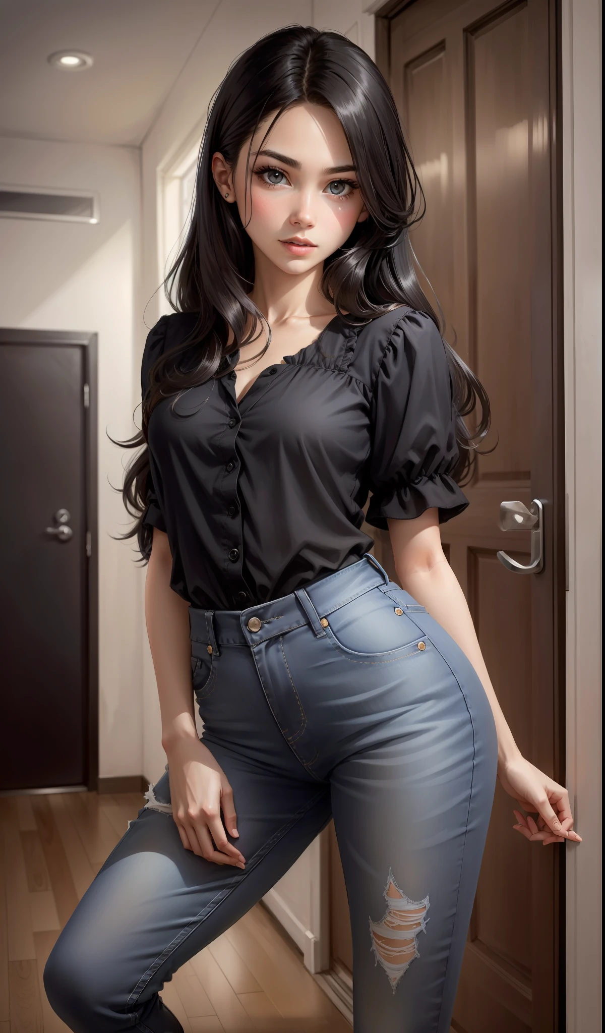 a woman in a black coloured blouse hanging loosely on the shoulders, jeans , cute face, black converse shoes, 22 years old, adult face, waist length straight hair, ((black coloured hair)) and gleaming detailed vibrant hazel eyes, slim frame, medium breasts, long legs, beautiful face, medium butt size, small feet size, small hand size, perfect hands, scary face