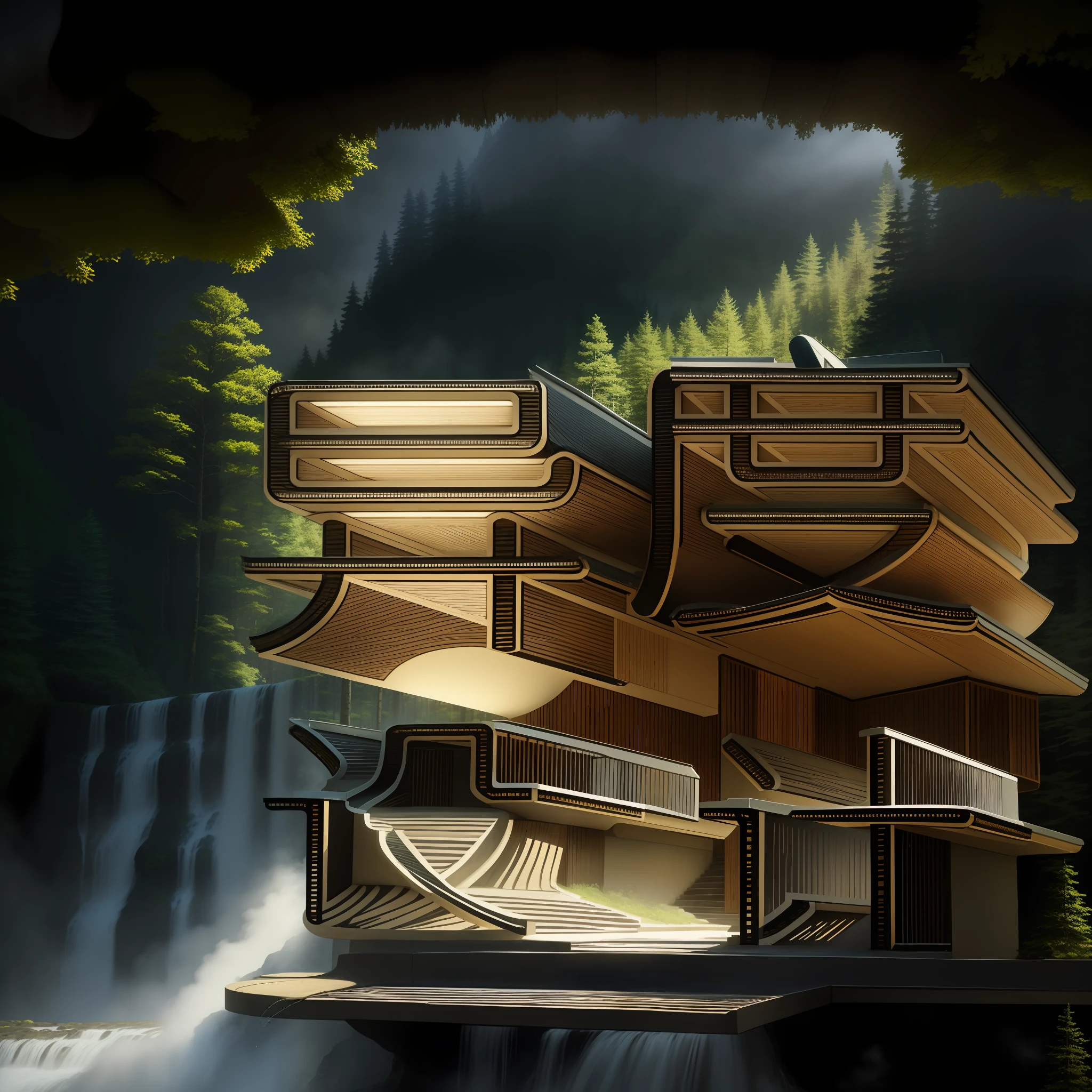 analogue style，Small waterfall on the right，Trees on both sides，small waterfalls，dense fog，award winning photography，A detailed，hdr，Golden trees in bloom、Birch and spruce，Trends on ArtStation，White buildings in a forested valley，White villa，White railing，Stairs lead up to the first floor，Connect hydrophilic platforms，The art of midjourney，