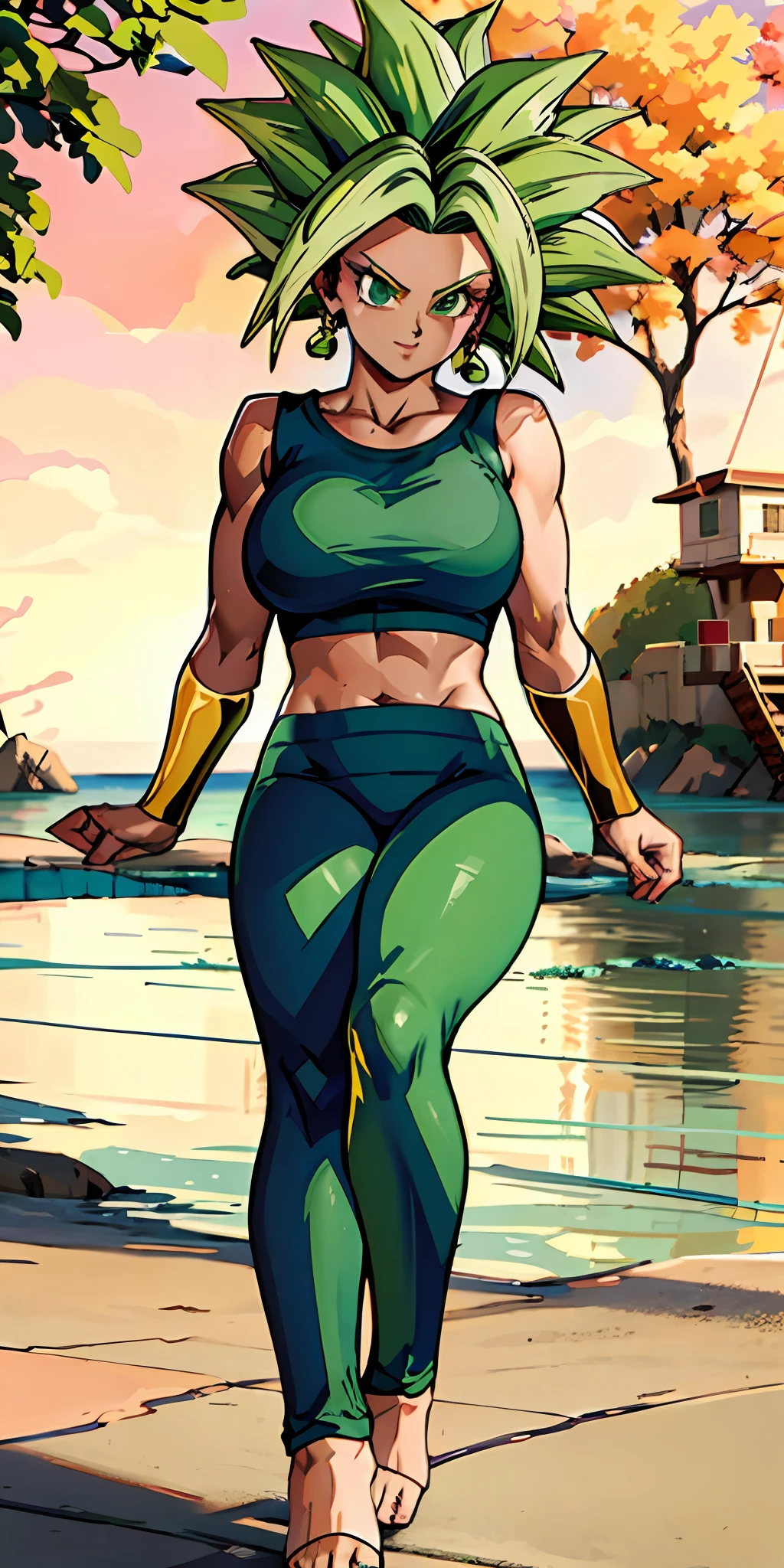 green hair, green earrings, yoga pants, yoga bra, skin tight, toned, smug, smirk, kefla, thin waist, backlight, 8K, (original: 1.2), (far shot), (realistic: 1.3), masterpiece, best quality, beautiful clean face, fullbody, 1girl, posing for a picture, long legs, huge breasts , showing feet,showing feet soles,legs_up,{feet_up}, lying,leg_lift, feet