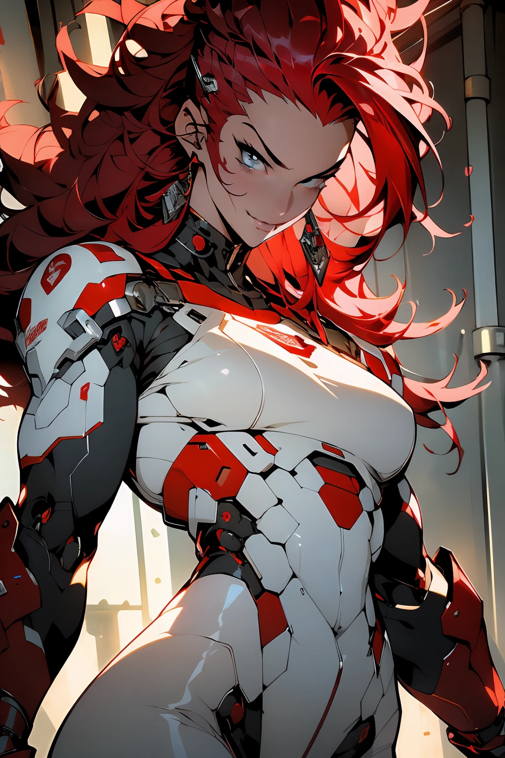 (((masterpiece))), (((best quality))), ((((absurdities))), Muscular 35-year-old adult woman with robotic armor, large breasts, sensual pose, white mohawk hair with red locks, proportional body, full body, beautiful, mischievous smile, military installation