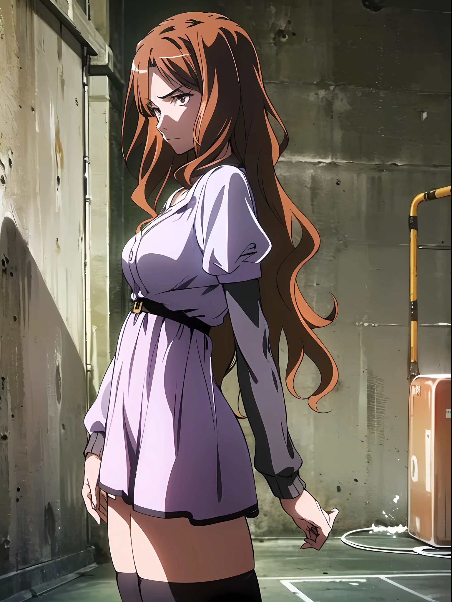 ((((angle from side)))).((((body from side)))),(((a female standing in a dark room))),(((the side of the body))),(((looking down))),(at night),((((dramatic shadows)))),(((standing pose))),
highres, shizuri1, 1girl, solo, thighhighs, brown hair, long hair, brown eyes, black thighhighs, purple dress,(((abandon factory))),
((((((((masterpiece)))))))), best quality, highly detailed, extremely detailed CG unity 8k wallpaper,illustration,sfw,
indoor,((((abandon factory)))),(at night),spotlight,(((grey background))),(grey wall),wire,pipe,(night),