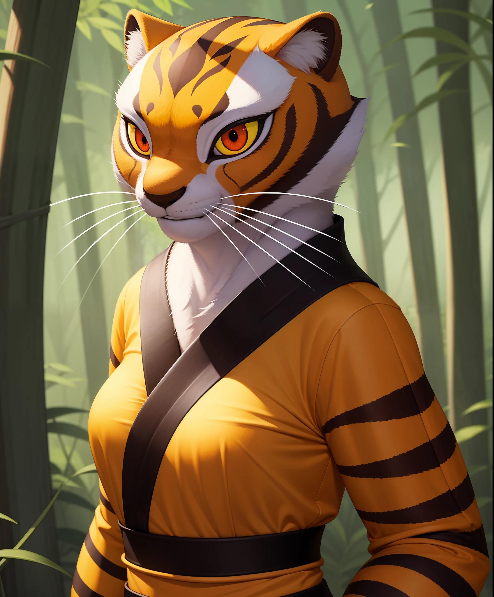 (by kenket:0.8) (by photonoko:0.5) (by Arthur Lismer:0.6), (by pixelsketcher:0.4), BREAK, solo,female (cute:1.1) master tigress,detailed background, outdoors, cinematic lighting, chinese clothing, animated movie, artistic, 8k hd, photo, photoreal, (detailed fur:1.3) (furr detail, fluffy:1.3), (big detailed red eyes, yellow sclera:1.2), depth of field,