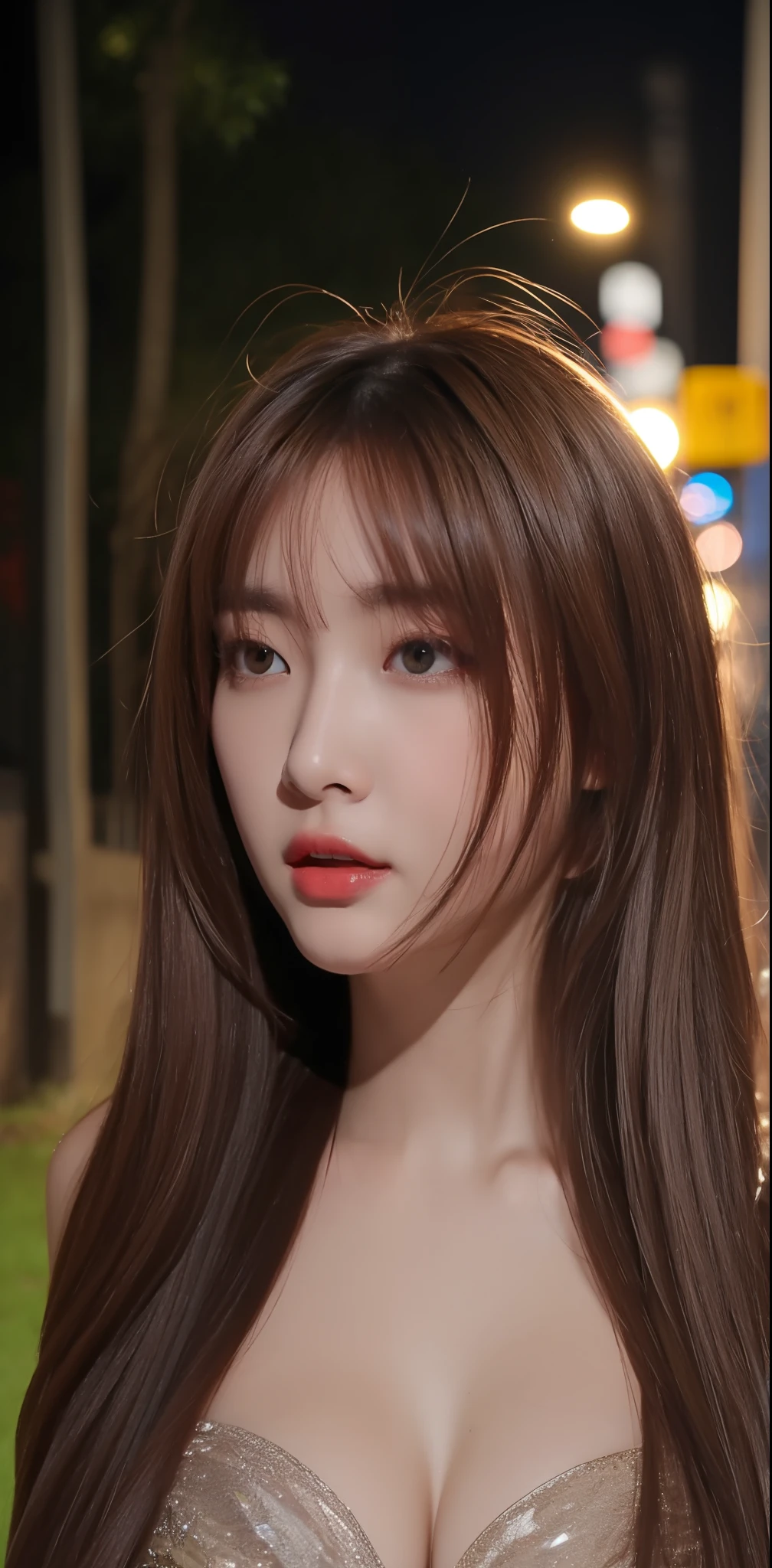 (Realistic, Photorealistic: 1.37), (8k, RAW Photos, Top Quality, Masterpiece: 1.2), (Realistic Lighting)), Clear Focus: 1.2, 1 Girl, Perfect Body Beauty: 1.4, Slim Abs: 1.1, ((Dark Brown Hair, Big: 1.3)), (Accent Dress: 1.4), (Outdoor, Night: 1.1), Street, Slender Face, Fine Eyes, Double Eyelids, absurdity of exposed cleavage, messy hair, floating hair,