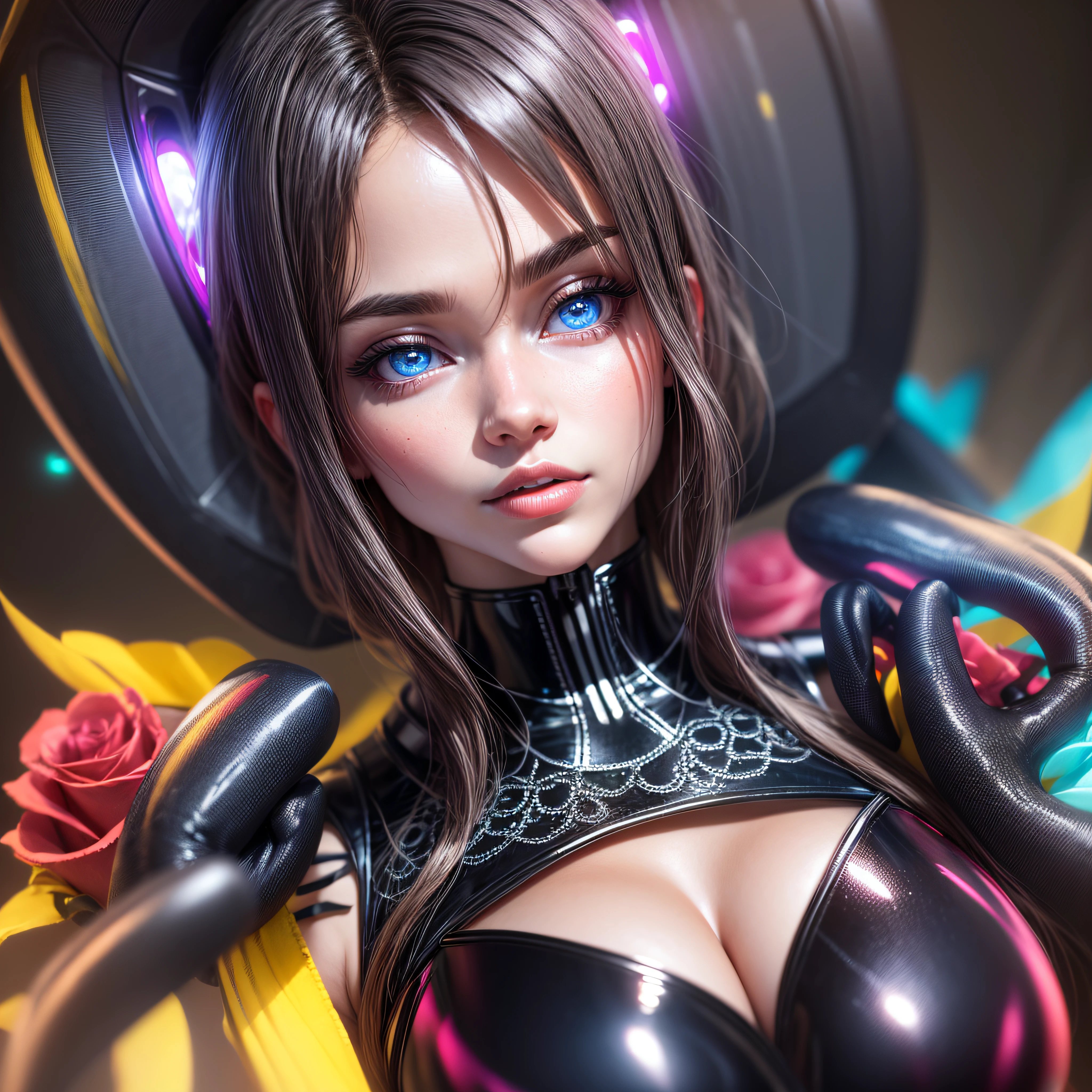 Beautiful black latex woman, olhos azuis, coberta com rosas vermelhas iluminadas, bright blue white glowing heart, visible from human, noite, Colouring, photography hyper-detailed cinematic hdr lighting, softbox lighting, Detalhe extremo, 8k, 3D-rendering, Hiper realista, NVIDIA,