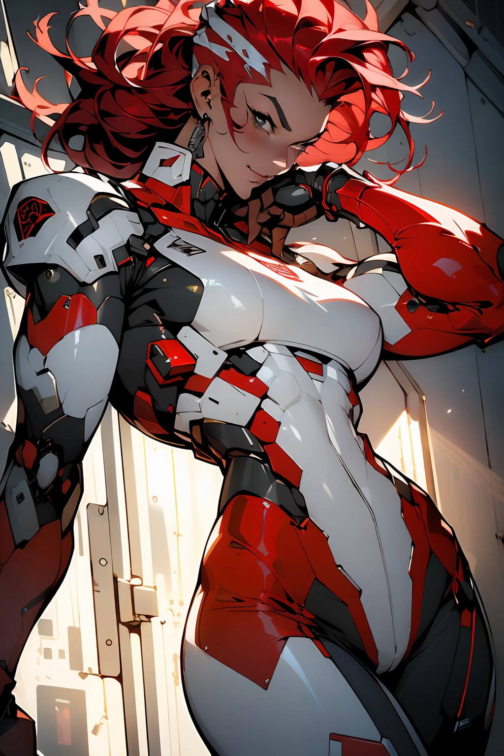 (((masterpiece))), (((best quality))), ((((absurdities))), Muscular 35-year-old adult woman with robotic armor, large breasts, sensual pose, white mohawk hair with red locks, proportional body, full body, beautiful, mischievous smile, military installation