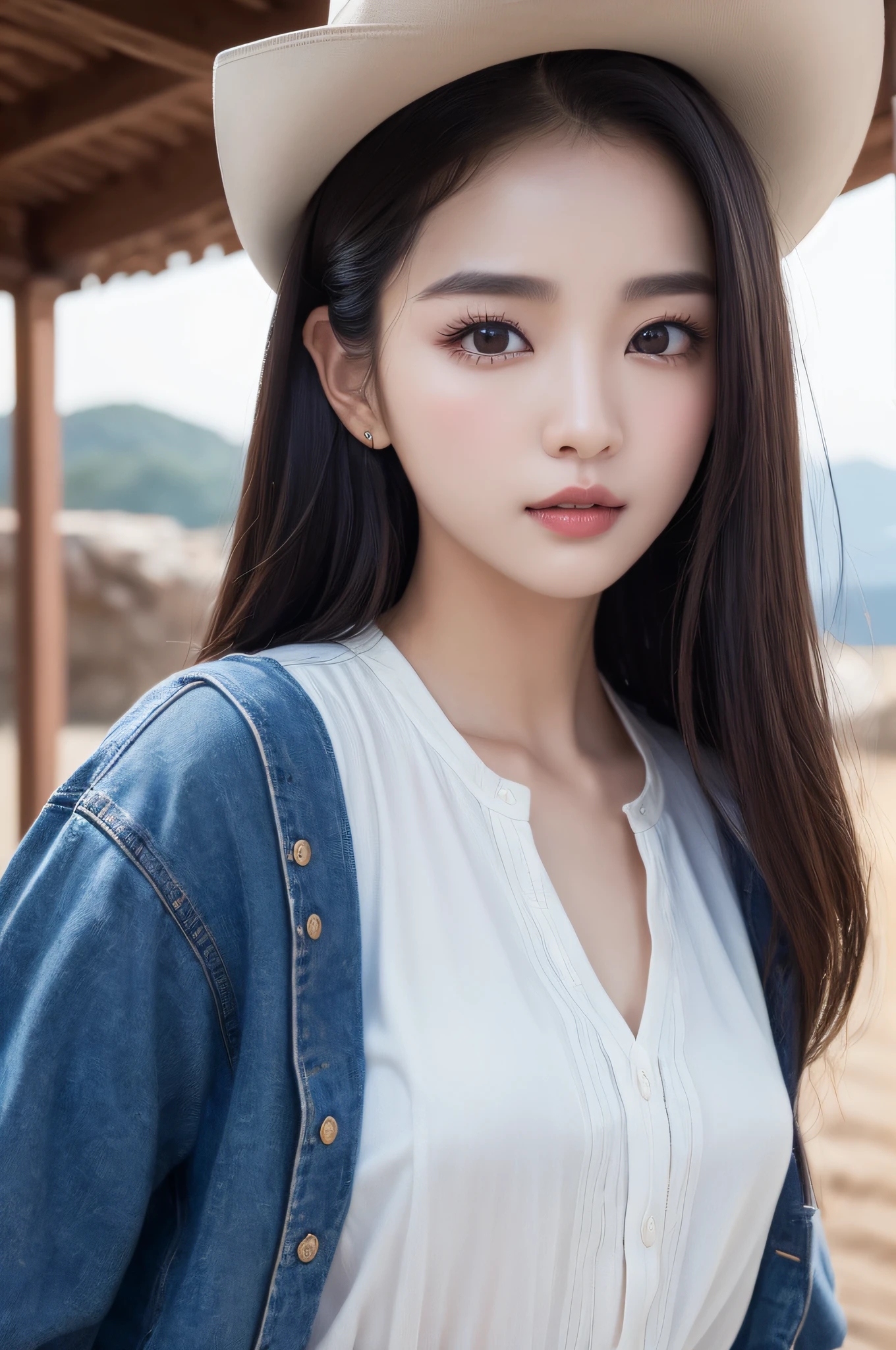 ((best qualtiy、8k masterpieces:1.3))、foco nítido:1.2、(ultra beautiful faces:1.0)、(shinny skin:1.0)、photos realistic、A dark-haired、Video Lighting、High-definition eyes and face、Video Lighting、(cowboy  shot:1.3)、(Korean Cute Actress)、from the front side、medium large breasts、ssmile、Sleeveless、Wearing a white blouse
