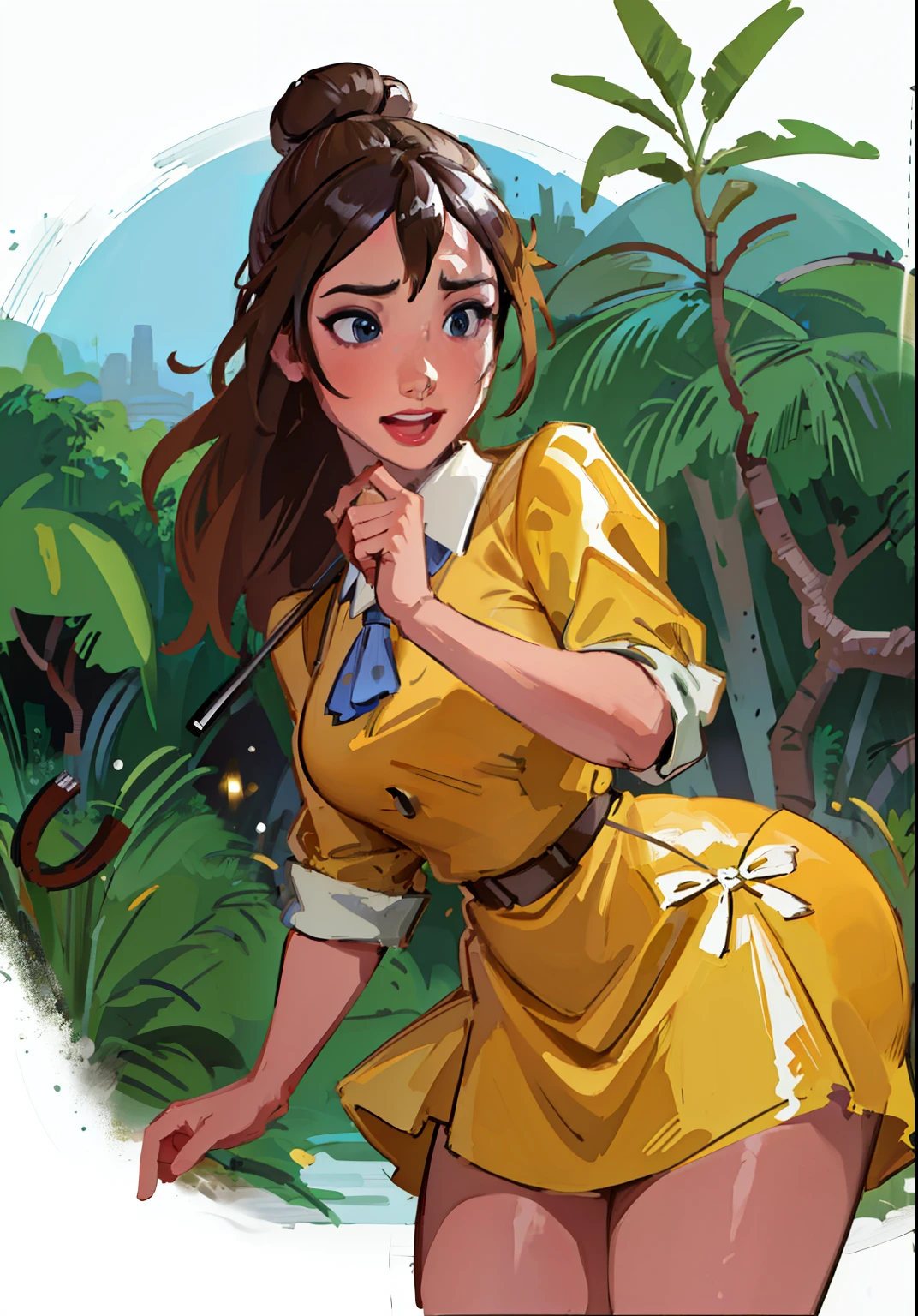 (JaneWaifu:1), surprised, cute, cute pose, looking at viewer, thick thighs, (yellow dress:1.2), (hair bun) :D, curvy, (holding umbrella),

(realistic:1.2), (realism), (masterpiece:1.2), (best quality), (ultra detailed), (8k, 4k, intricate),(full-body-shot:1),(Cowboy-shot:1.2), (85mm),light particles, lighting, (highly detailed:1.2),(detailed face:1.2), (gradients), sfw, colorful,(detailed eyes:1.2),

(detailed ladscape, jungle, vegetation, plants:1.2),(detailed background),detailed landscape, (dynamic angle:1.2), (dynamic pose:1.2), (rule of third_composition:1.3), (Line of action:1.2), wide shot, daylight, solo,