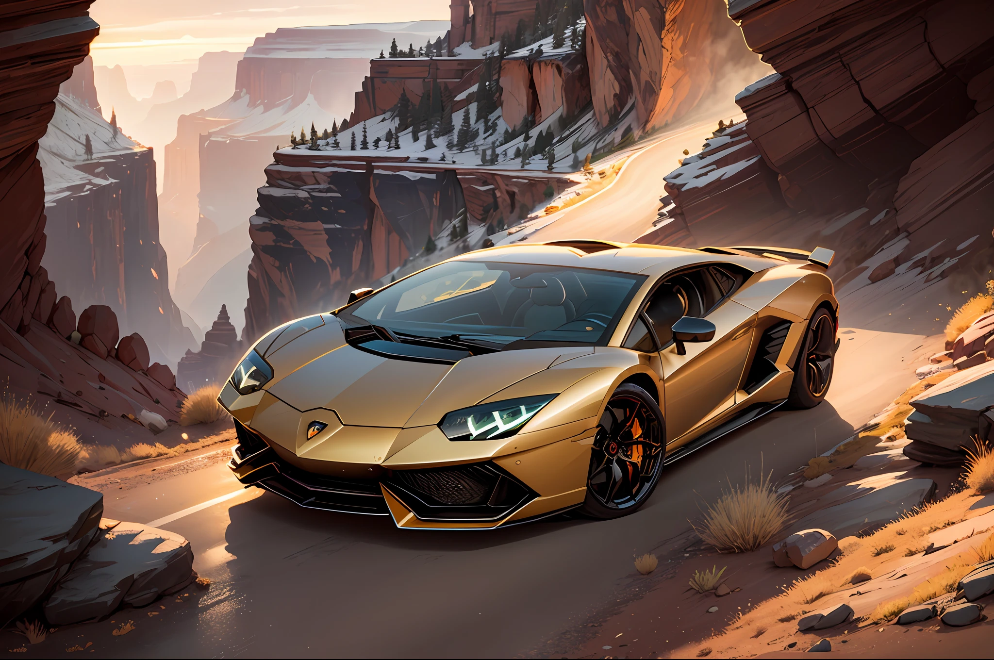 Make a golden lamborghini in the grand canyons
, Sophisticated, opulent, Golden hour, Highly detailed, Digital painting, Artstation, Concept art, Smooth, Sharp focus, Illustration, art by magali villeneuve and greg rutkowski and howard lyon.