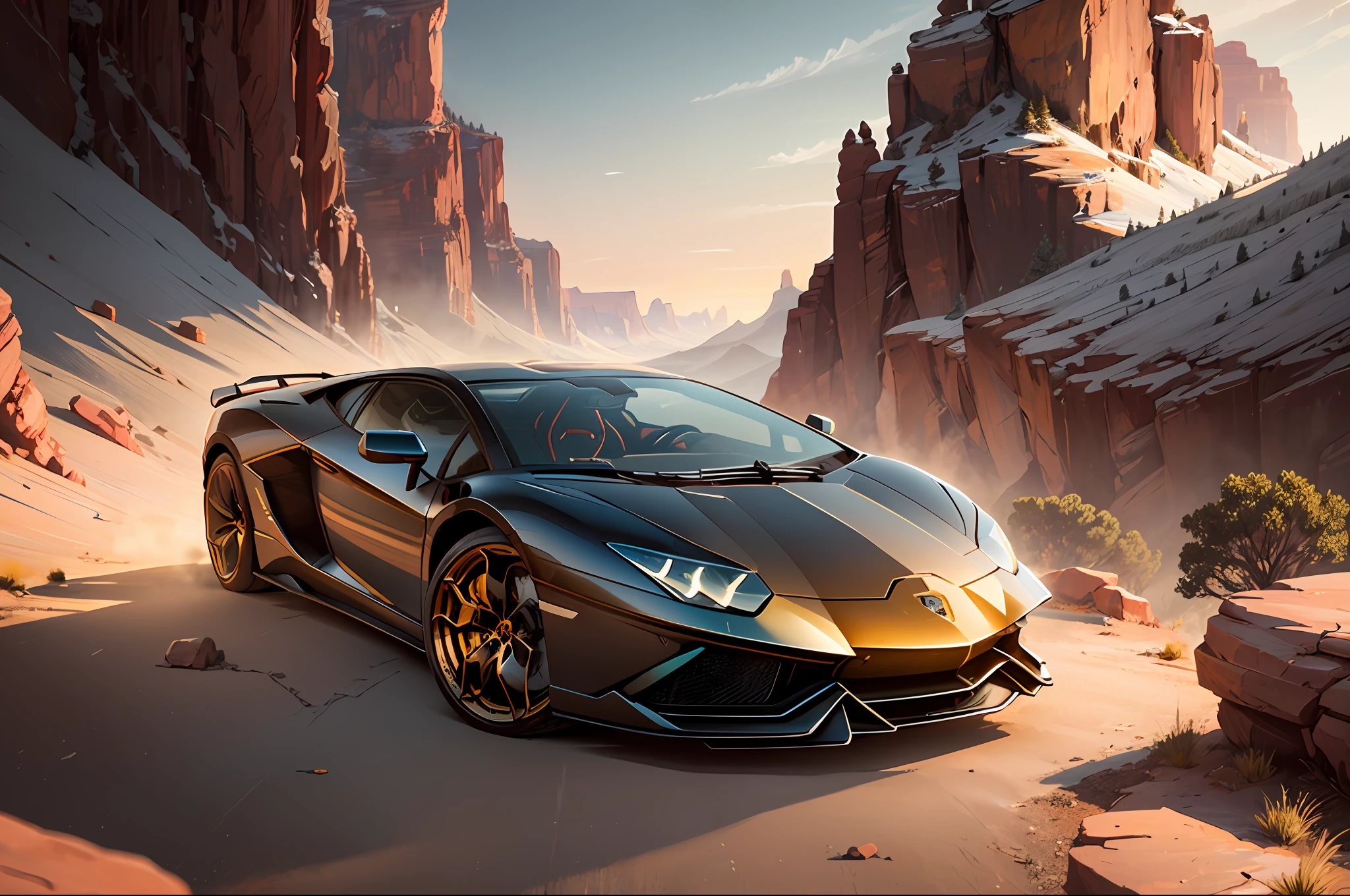 Make a golden lamborghini  in the grand canyons
, Sophisticated, opulent, Golden hour, Highly detailed, Digital painting, Artstation, Concept art, Smooth, Sharp focus, Illustration, art by magali villeneuve and greg rutkowski and howard lyon.