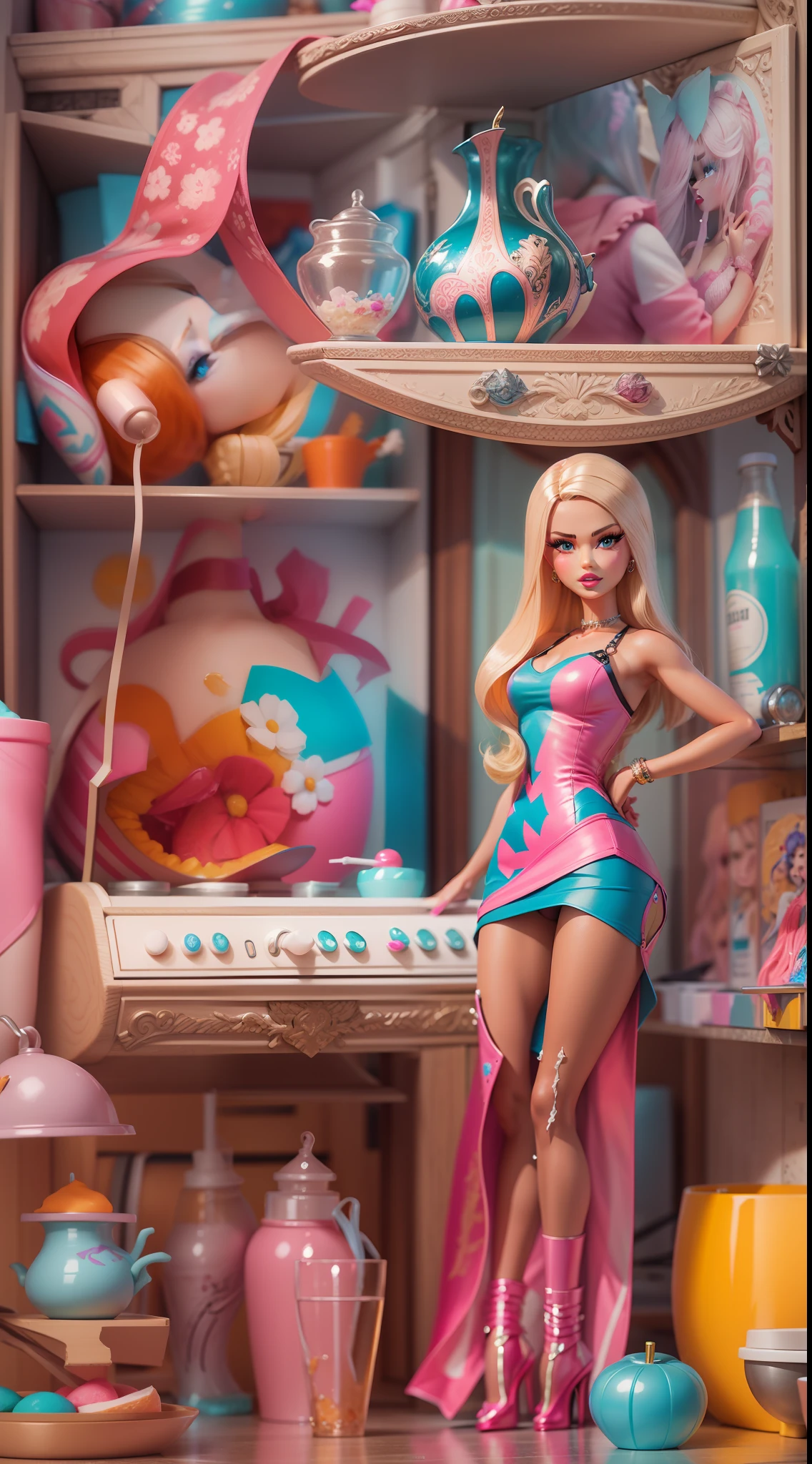 Create a jaw-dropping 3D masterpiece featuring the iconic BARBIE, highlighting intricat and vivid colors
