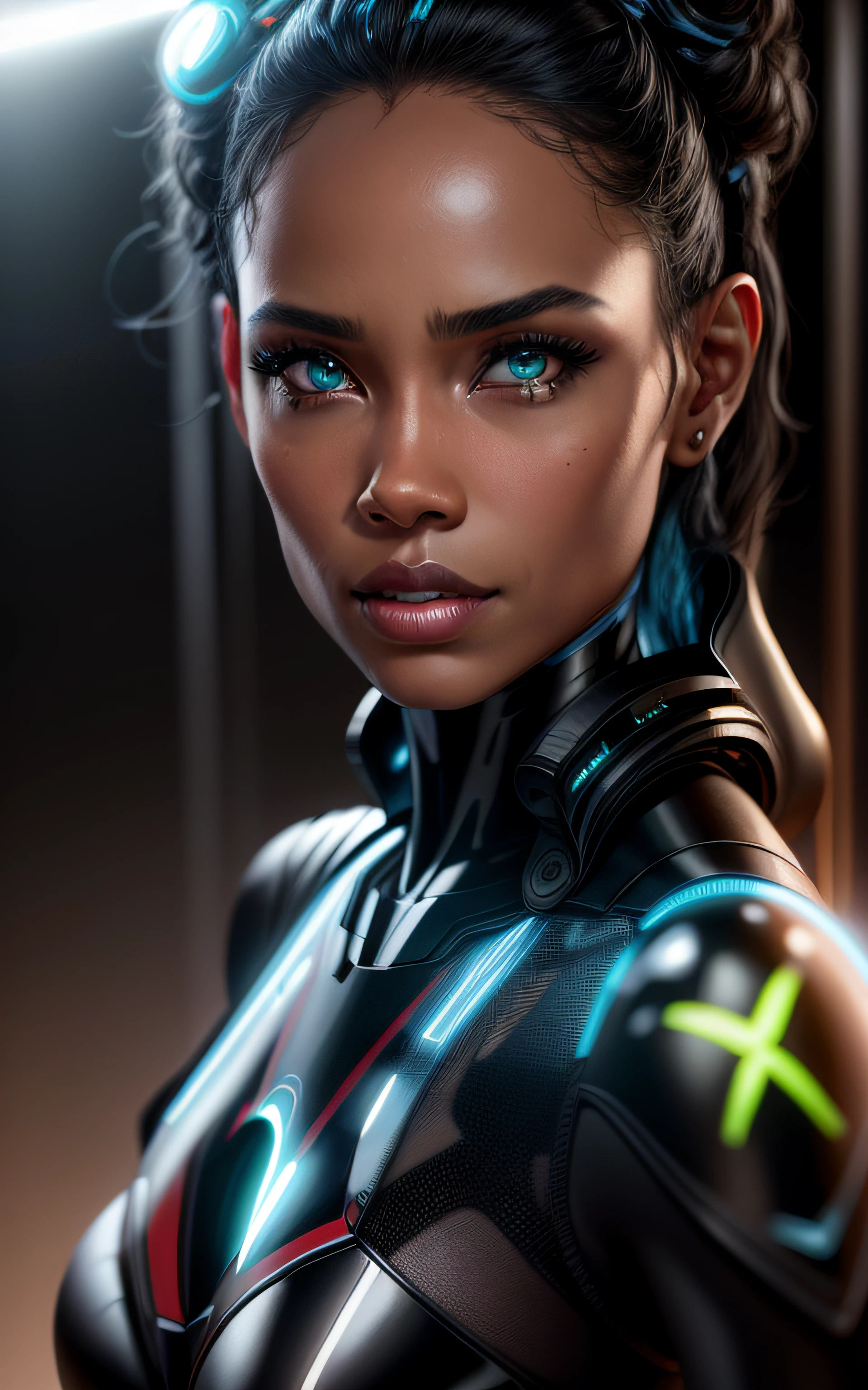 Beautiful black latex woman, lindo sorriso, dentes perfeitos, olhos azuis, coberta com rosas vermelhas iluminadas, bright blue white glowing heart, visible from human, noite, Colouring, photography hyper-detailed cinematic hdr lighting, softbox lighting, Detalhe extremo, 8k, 3D-rendering, Hiper realista, NVIDIA,