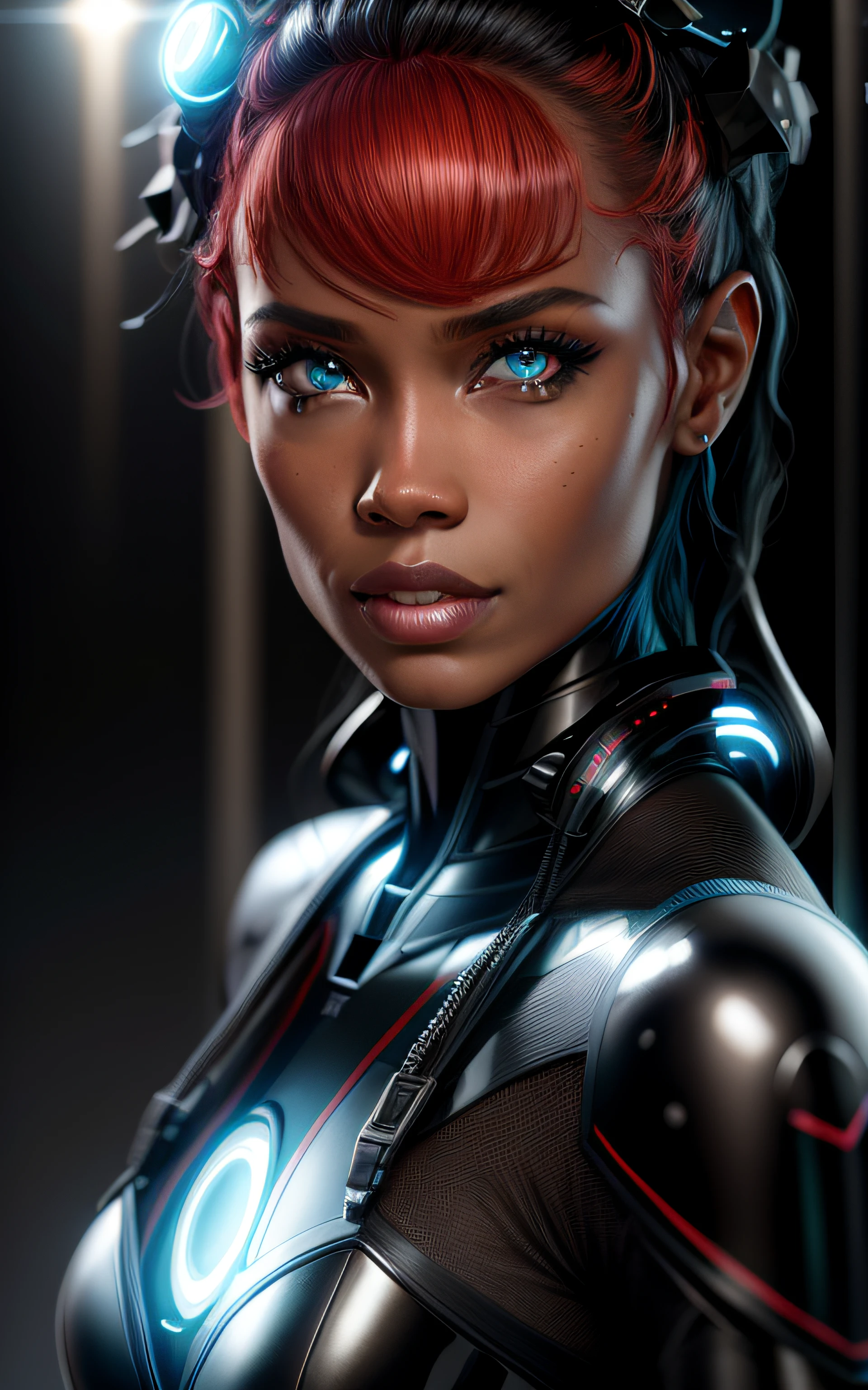 Beautiful black latex woman, lindo sorriso, dentes perfeitos, olhos azuis, coberta com rosas vermelhas iluminadas, bright blue white glowing heart, visible from human, noite, Colouring, photography hyper-detailed cinematic hdr lighting, softbox lighting, Detalhe extremo, 8k, 3D-rendering, Hiper realista, NVIDIA,