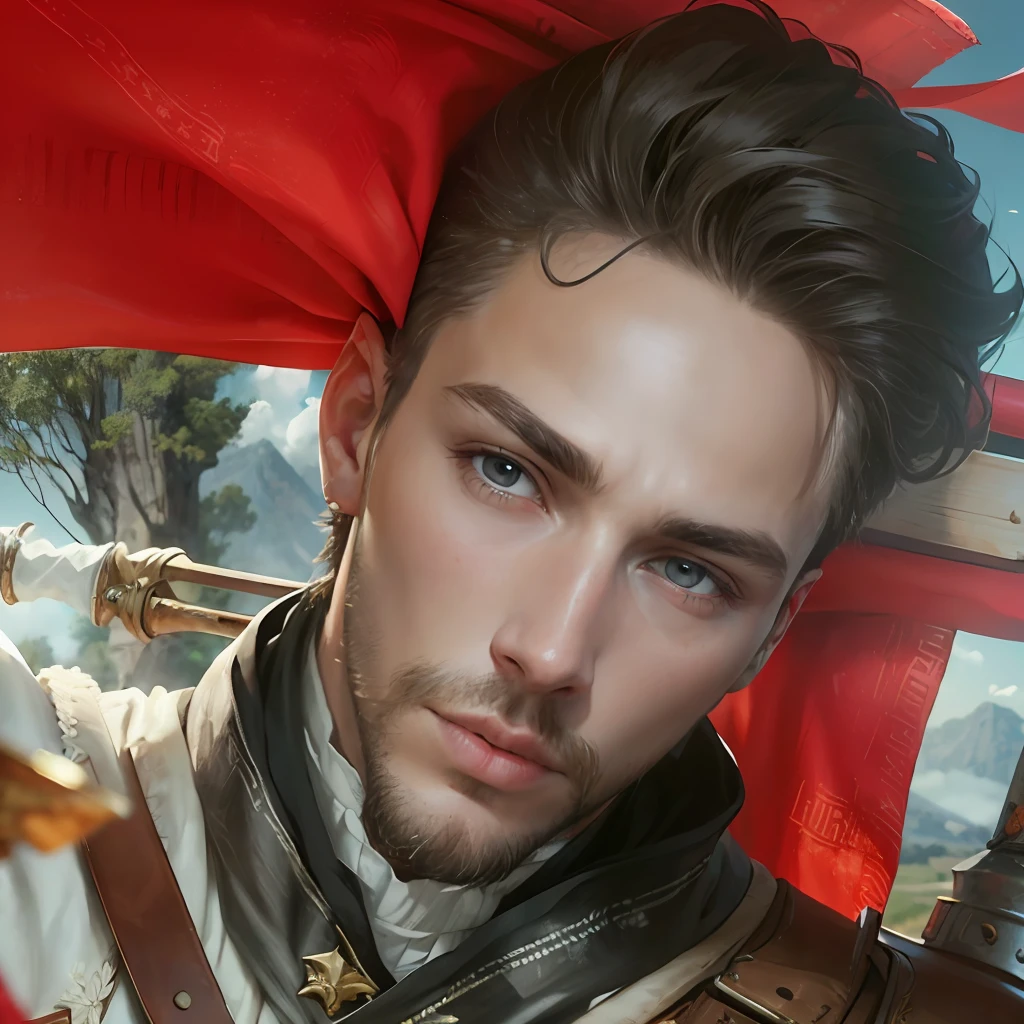 Hombre blanco muy joven,(( piel blanca y ojos marrones)) guerrero, con casco arco y flecha de la epoca romana con un fondo natural ,con vestimenta acorde a Grecia, paisaje invernal, hyper-realistic