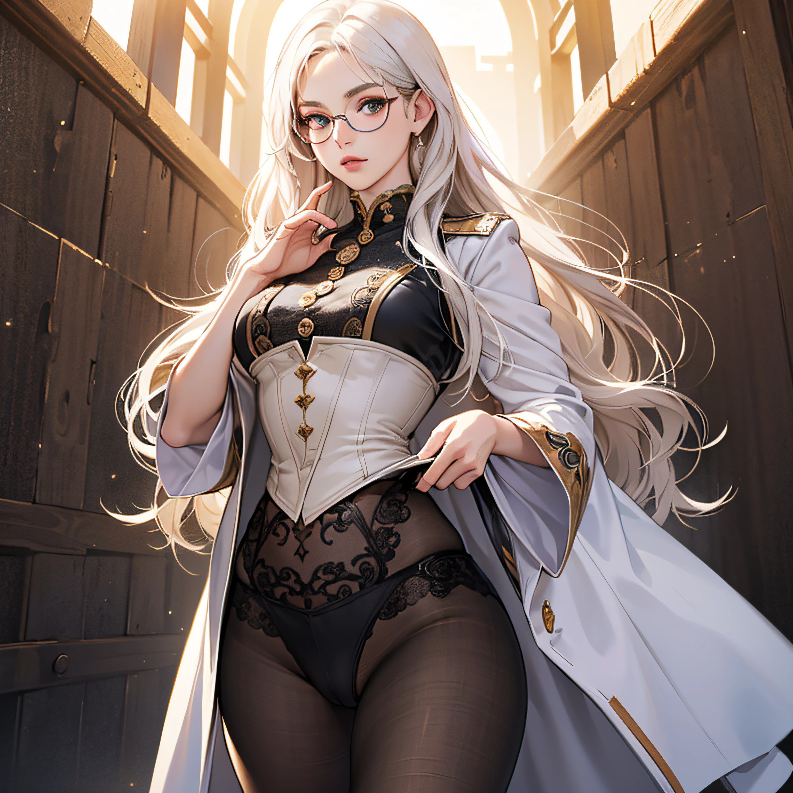 ulzzang-6500-v1.1, (Original Photo:1.2), (Realistic:1.4), beautiful detailed girl, Very detailed eyes and face, beautiful detail eyes, Funny, Incredibly funny, huge filesize, super detailed, hight resolution, A highly detailed, beste-Qualit, tmasterpiece, ((Fashionable clothes in different colors)), illustartion, intensely detailed, CG, Unified, 8k wall paper, Amazing, finely detail, tmasterpiece, beste-Qualit, very detailed CG uniform 8k wallpaper, face world, Light of Cinema, 1 girl, , Long white hair, (eyeglasses), ((dynamicpose))), ((sexypose))), (camel toe), (pantyhouse) --auto