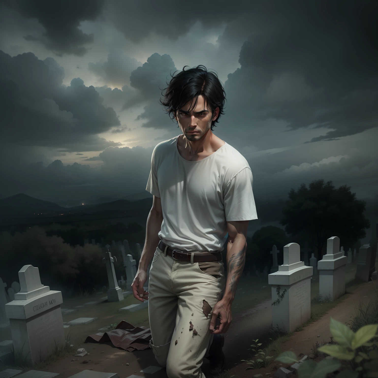 Ultra realistic and extremely detailed image of a man with short, earthy black hair, earthy and hateful expression, plain white shirt and dirt soiled, lying on a slope in a night cemetery with heavy clouds in the sky