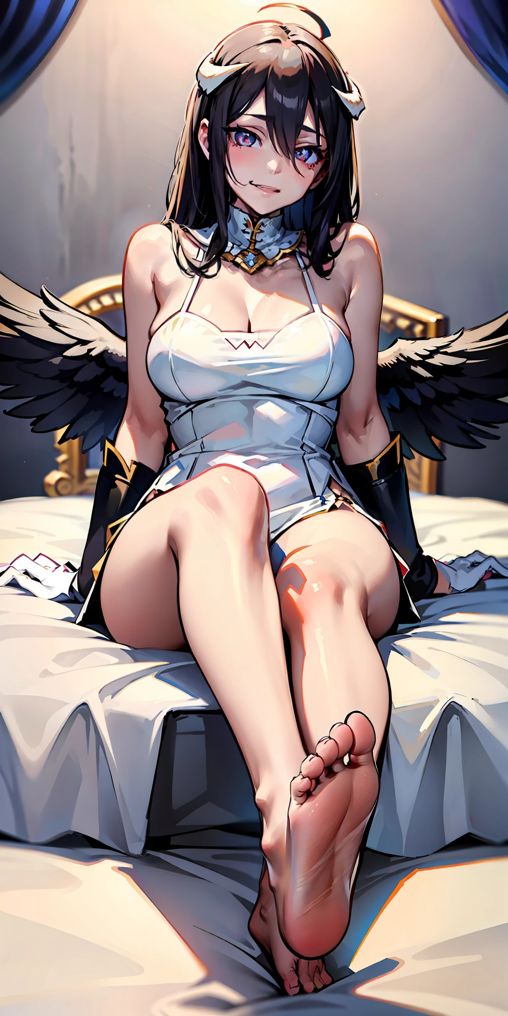 al1, demon horns, slit pupils, white gloves, white dress, bare shoulders, detached collar, cleavage, black wings, feathered wings, low wings, cowboy shot, standing, smile, dungeon, evil smile, 8K, (original: 1.2), (far shot), (realistic: 1.3), masterpiece, best quality, beautiful clean face, fullbody, 1girl, posing for a picture, long legs, huge breasts , showing feet,showing feet soles,legs_up,{feet_up}, lying,leg_lift, feet