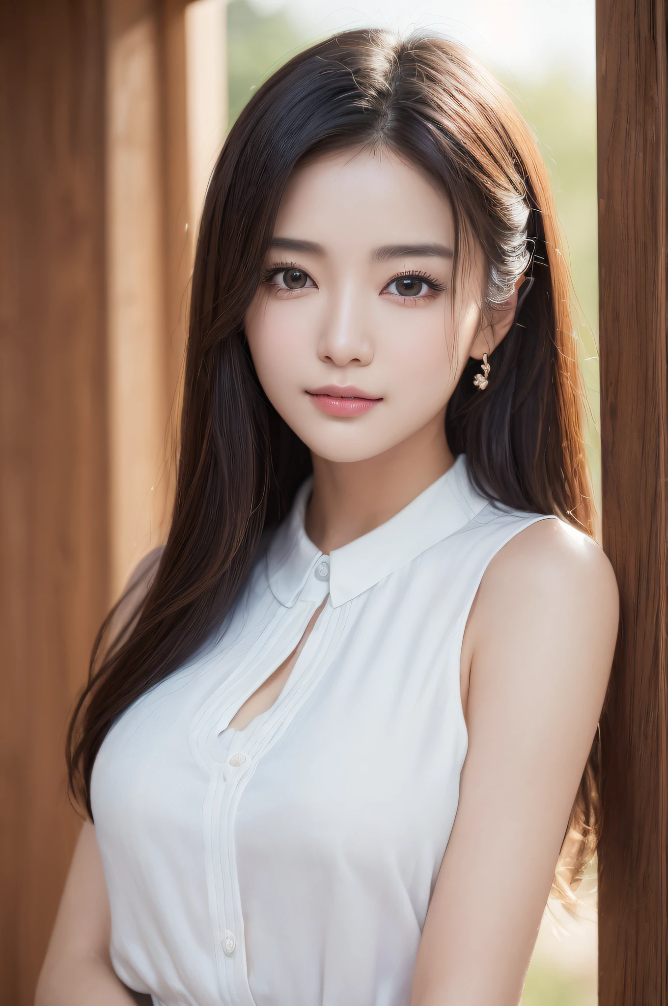 ((best qualtiy、8k masterpieces:1.3))、foco nítido:1.2、(ultra beautiful faces:1.0)、(shinny skin:1.0)、photos realistic、A dark-haired、Video Lighting、High-definition eyes and face、Video Lighting、(cowboy shot:1.3)、(Korean Cute Actress)、from the front side、medium large breasts、ssmile、Sleeveless、Wearing a white blouse