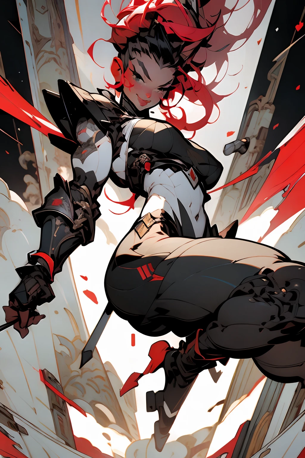 (((masterpiece))), (((best quality))), ((((absurdities))), Muscular 35-year-old adult woman with robotic armor, large breasts, sensual pose, white mohawk hair with red locks, proportional body, full body, beautiful, mischievous smile, military installation