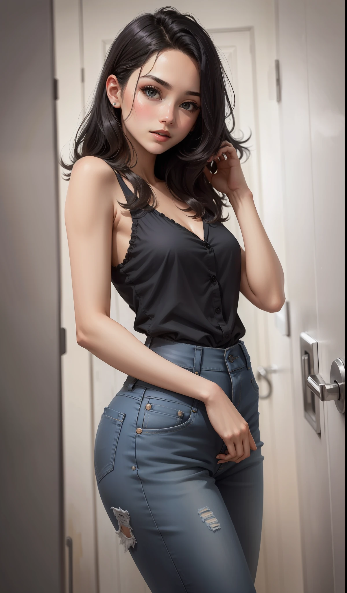 a woman in a black coloured blouse hanging loosely on the shoulders, jeans, black converse shoes, 22 years old, adult face, waist length straight hair, ((natural black hair)) and gleaming detailed vibrant hazel eyes, slim frame, medium breasts, long legs, beautiful face, medium butt size, small feet size, small hand size, perfect hands, scary face, beautiful face, pretty face, hot woman, sexy woman, British woman