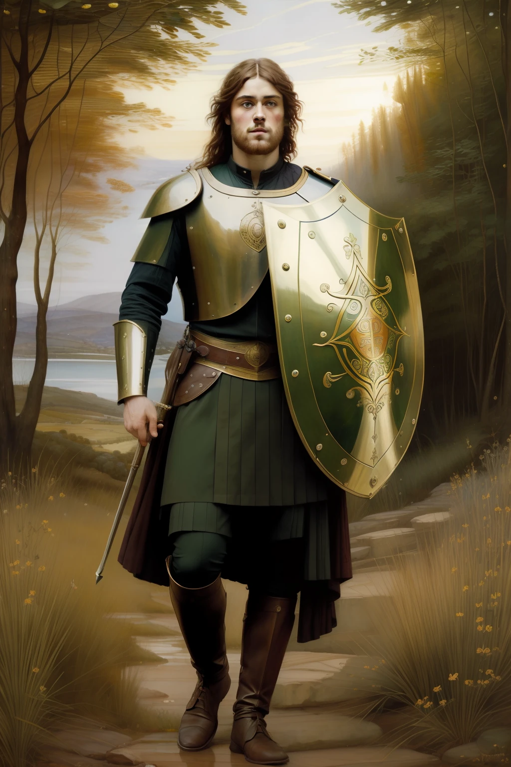 (((Pre-Raphaelite painting))), Celtic warrior holds a shield in his hands, floresta de ameireiros, corvo, roupa xadrez, paisagem celta, por do sol, escudo de madeira"