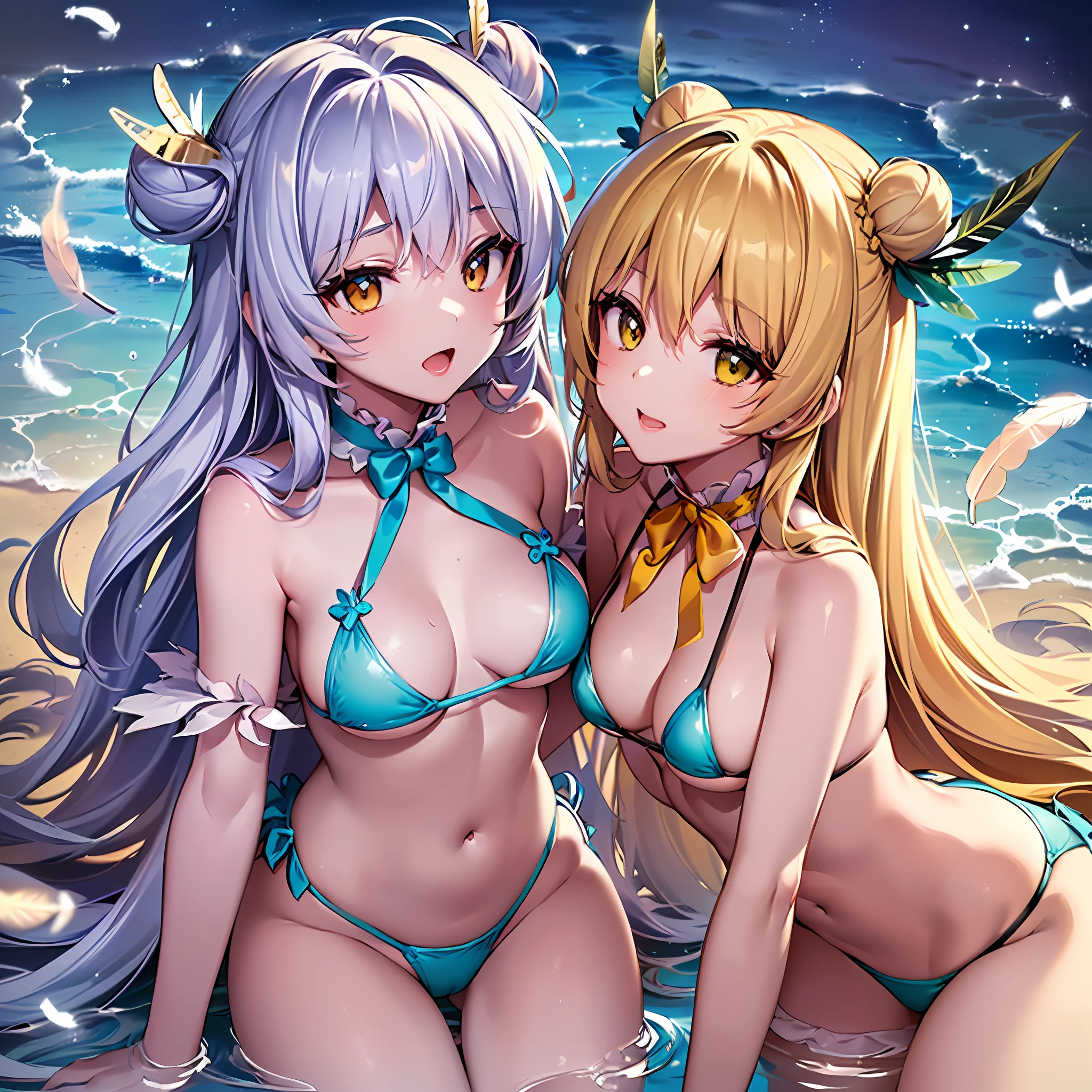 (masutepiece) ((Kaleidoscope)) ((Harmonious)) (ultra-quality) (very exquisite) (Professional Balance) (absurderes) (Wide Shot) (1人の女性) ((Upper body)) ((fullllbody)) ((F Cup Breasts)) (Fine-grained body lines) ((realisitic:0.75)) (zettai ryouiki) (Hi-Res Textures) (Clearly draw the shape of the nose) ((Exposure 1:0.25)) (((Shiny skin))) (X Hair Ornament) (Ornament Heart(Bracelet、gargantilha、ear ornament) (((((Beautiful little bun hair in yellow color))))) (Wave hair) (Quality and beautiful finger placement) (Fine, Beautiful clean hands) (It clearly depicts the reflection of small white light in the pupil, which adds depth to the pupil) (((top-quality、Elegant yellow detail eyes))) (((Ultra Definition Masterpiece Highest Quality:1.2 4DCG high quality))) (Highly detailed face and eyes) (24-year-old woman) (Model body type) (Slender and long legs) (A slender) (mascara) (eyeshadows) (eye liner) (Glossy lipstick) (((((White Turquoise Ash× Angel Ribbon× Micro Micro Bikini× Ruffles))))) ((((Beautiful fece((Hawaiian))the beach)))) ((((longshot)))) (((wide Shots))) (((Leaning forward、Strongly emphasize the G-cup))) (((1 to NSFW:1))) (G Cup Cow) (((((G Cup))))) (Hold in your arms) (Photorealsitic) (8K Character Concept) (((32K HD image quality...)) (conputer graphics) (angelicales、pastels、Feather 1:1.5) ((((angelicales、personification))))