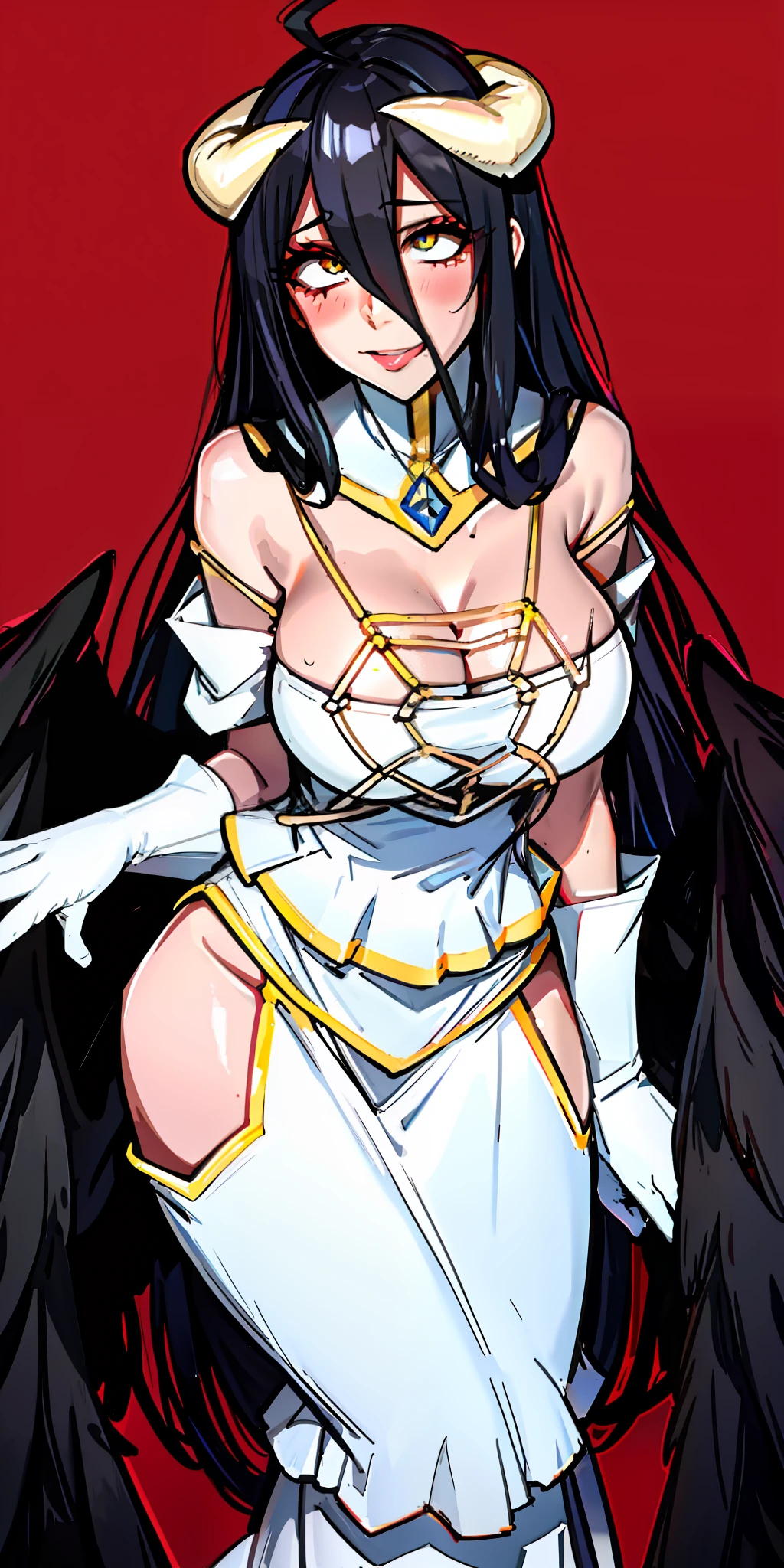 al1, demon horns, slit pupils, white gloves, white dress, bare shoulders, detached collar, cleavage, black wings, feathered wings, low wings, 8K, ultra detailed, beautiful and aesthetic, High quality, beautiful, masterpiece, best quality, standing, leaning forward, shiny skin, tongue out of mouth, blush, sexy body, defined body, perfect eyes, blush, crossed eyes,