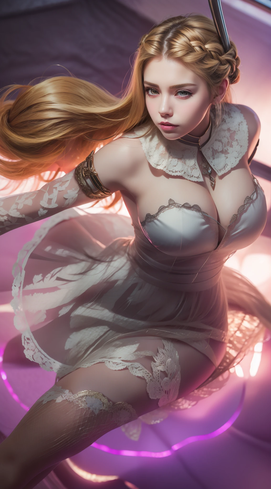 ((Best Quality, 4K, Masterpiece: 1.3)), (Detailed: 1.4), a close up of a woman in a dress with a sword, orianna, portrait of ahri, seraphine ahri kda, ahri, miss fortune, A woman with Blonde Hair and white uniform, Natural smile, beauty smile, Braid hairstyle, Braid woman, big breast, Huge Breast, Nice Thigh, 4K, HD, Ultra Realistic, extremely detailed