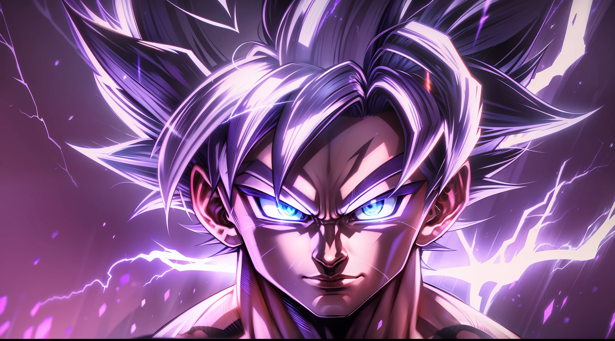 Son Goku transforming into Ultra Instinct surrounded by Violet Aura and lightning, arms visible, 4k, Silver Hair, Silver Pupils, high details, epic, cinematic