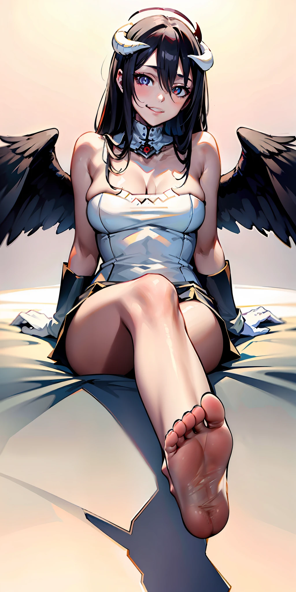 al1, demon horns, slit pupils, white gloves, white dress, bare shoulders, detached collar, cleavage, black wings, feathered wings, low wings, cowboy shot, standing, smile, dungeon, evil smile, 8K, (original: 1.2), (far shot), (realistic: 1.3), masterpiece, best quality, beautiful clean face, fullbody, 1girl, posing for a picture, long legs, huge breasts , showing feet,showing feet soles,legs_up,{feet_up}, lying,leg_lift, feet