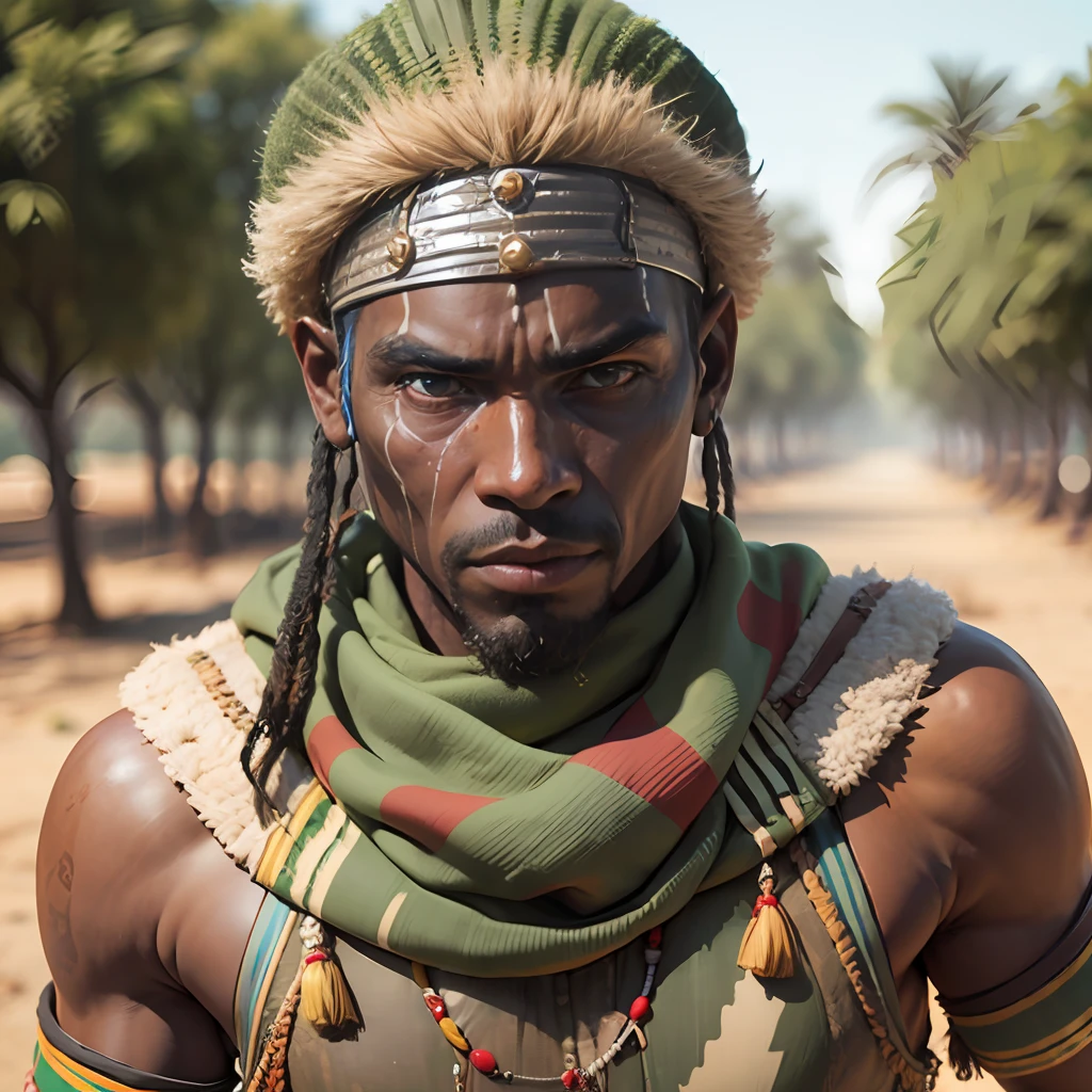 realistic burkina faso warrior dressed in camouflage attire, with scarred face and focused eyes --auto --s2