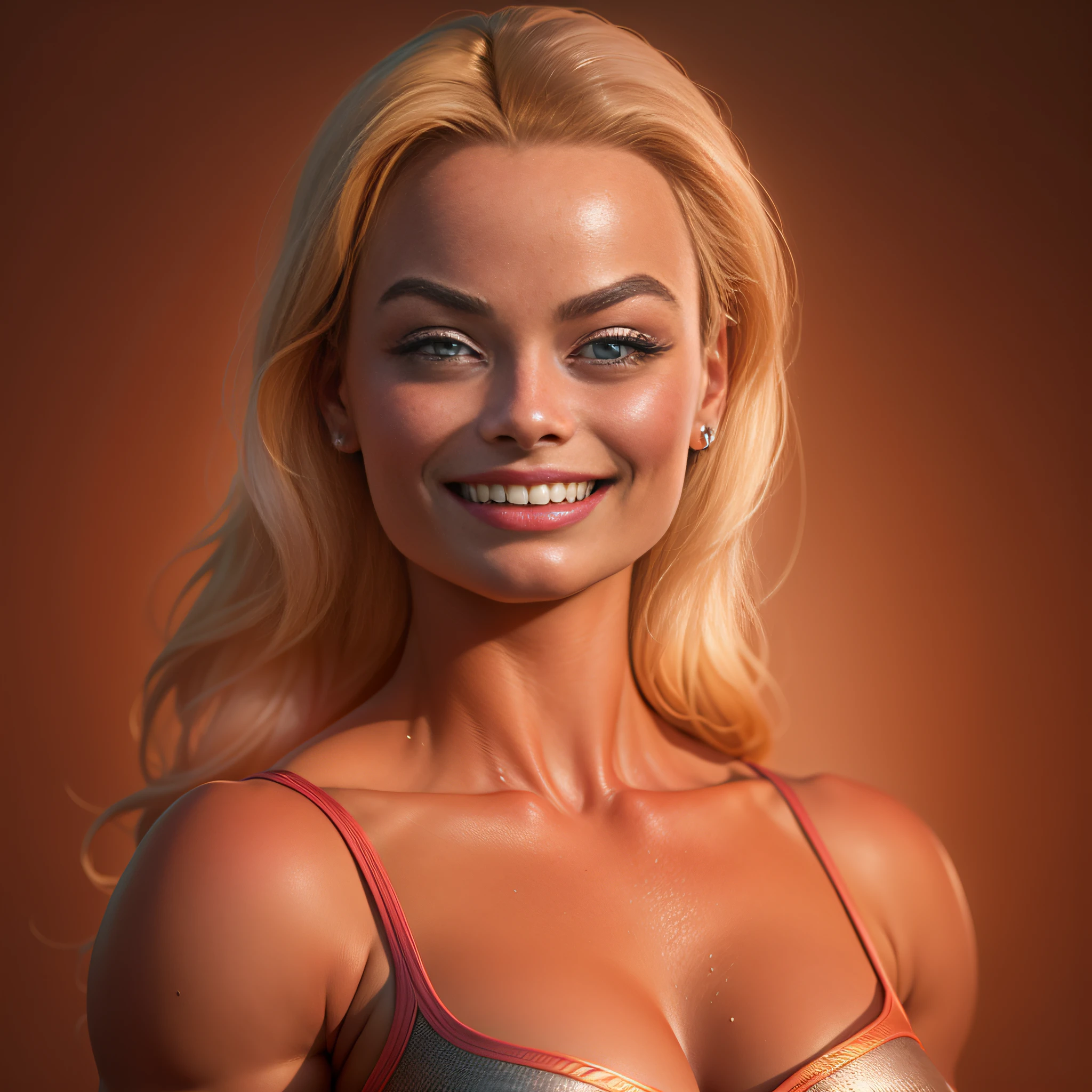 (extremely detailed CG unity 8k wallpaper, masterpiece, best quality, ultra-detailed), (best illumination, best shadow), ((Margot Robbie as Barbie bodybuilder)), beautiful face lines, (dramatic lighting: 1.3), under the spotlight, smiling.