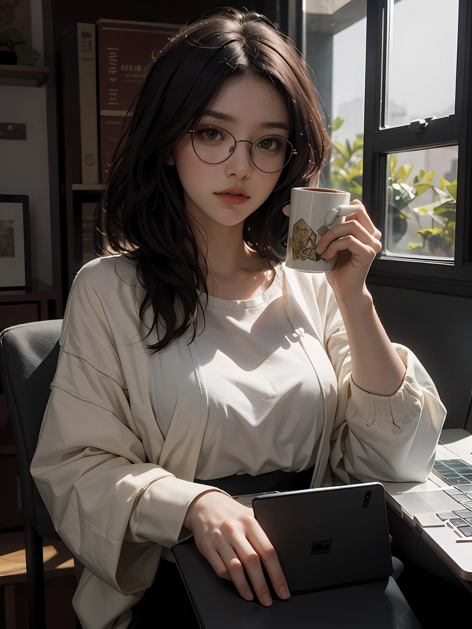 Whispers of Nature, Alphonse Mucha, Gustav Klimt, elegant figures, organic motifs by Antoni Gaud, Ren Lalique,
1girl,solo,glasses,professional attire, black hair, brown eyes, office setting, laptop, multitasking, busy schedule, coffee mug, deadline,(sfw:0.85),breasts,
(Playful body language, smoldering expression, discreetly suggestive, captivating charm:0.9)