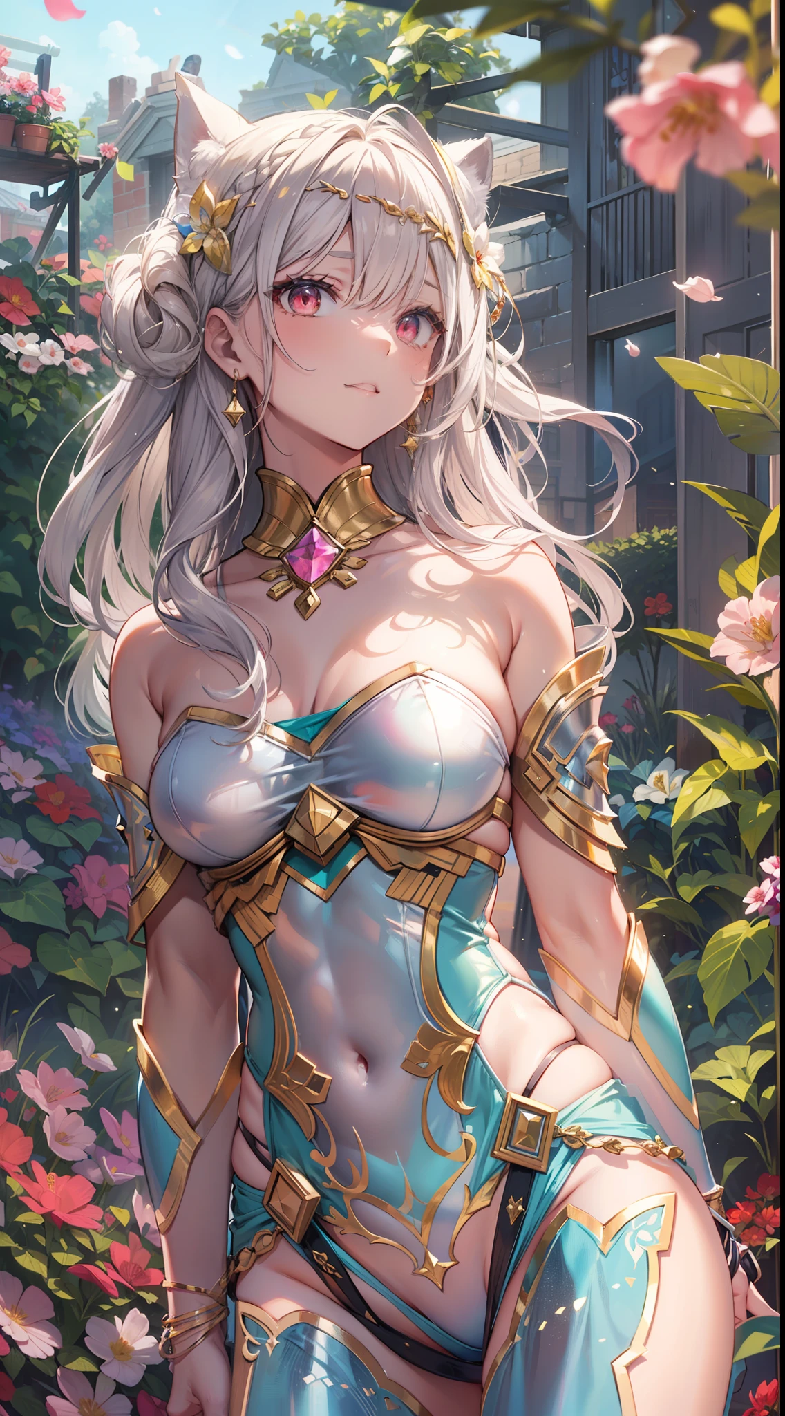 ((Masterpiece)), best quality, absurderes, ultra detailed, 8k, super complex details, intricate details, holographic, cowboy shot, golden ratio, super cute girl, neon aura, delicate and beautiful face, mature girl, idol girl, super beautiful asian girl with super beautiful glowing eyes, super beautiful glowing multicolored hair, super cute hairstyle, nice and sexy body, slim body, perfect body, wearing a super tight and super cute leotard, a super sexy divine armor and cute and celestial hair ornament, with a cute magical fantasy pet, in a beautiful garden with super beautiful flowers
