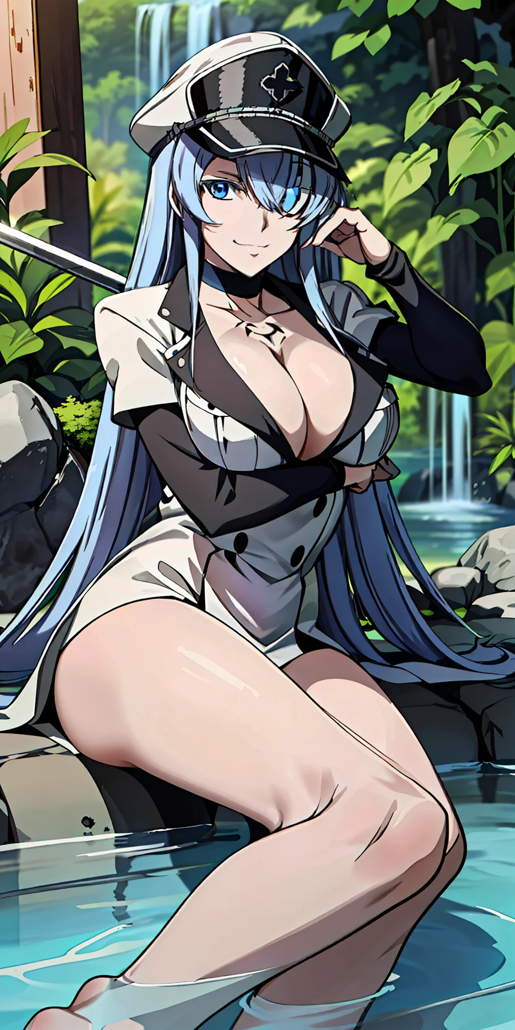 esdeath, breasts, smile, large_breasts, hat, cleavage, weapon, choker, sword, water, hair_over_one_eye, uniform, military, military_uniform, tattoo, crossed_arms, peaked_cap, chest_tattoo,,8K, (original: 1.2), (far shot), (realistic: 1.3), masterpiece, best quality, beautiful clean face, fullbody, 1girl, posing for a picture, long legs, huge breasts , showing feet,showing feet soles,legs_up,{feet_up}, lying,leg_lift, feet