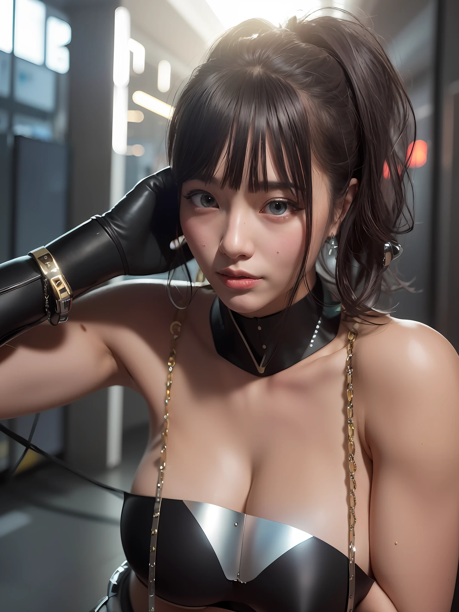 Ultra-realistic 8K CG, (futuristic: perfect artwork, masterpiece, futuristic city, futuristic era, mechanics, fantasy), ((detailed background)) Sexy 20 year old Asian woman muscular cyborg rookie model, stunningly beautiful, sitting, looking at camera, wavy shiny hair in black bob cut, 50mm portrait, glamour, soft curve, Huge Ass Wide Hips, Full Wet Lips, Cybernetic Perfect Body, Perfect Abs, 3D, Ultra Realistic, Sun